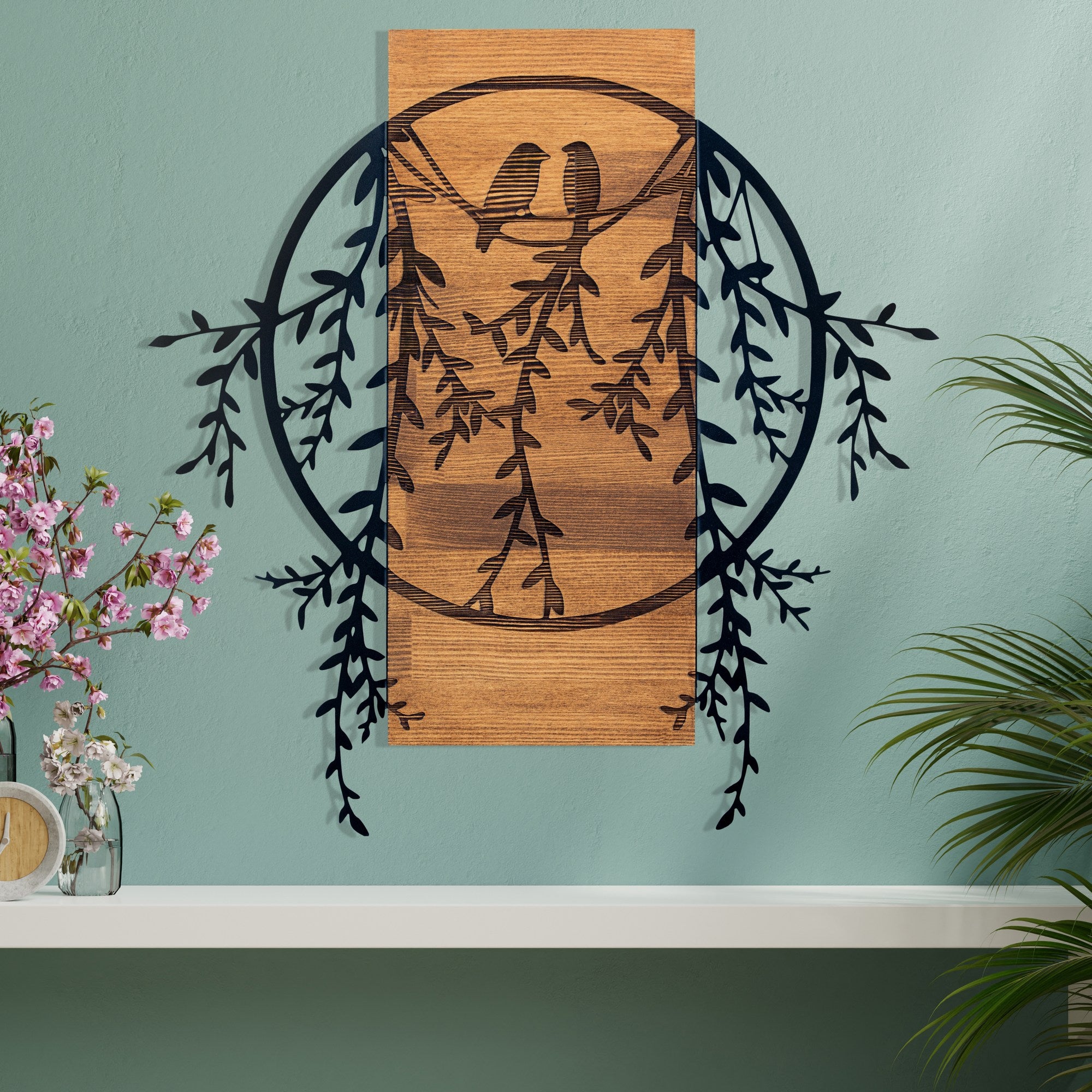 Pássaros Apaixonados 2 – Acessório Decorativo de Parede em Metal, Moldura de Madeira Nogueira, Preto, 63,3 x 65 cm