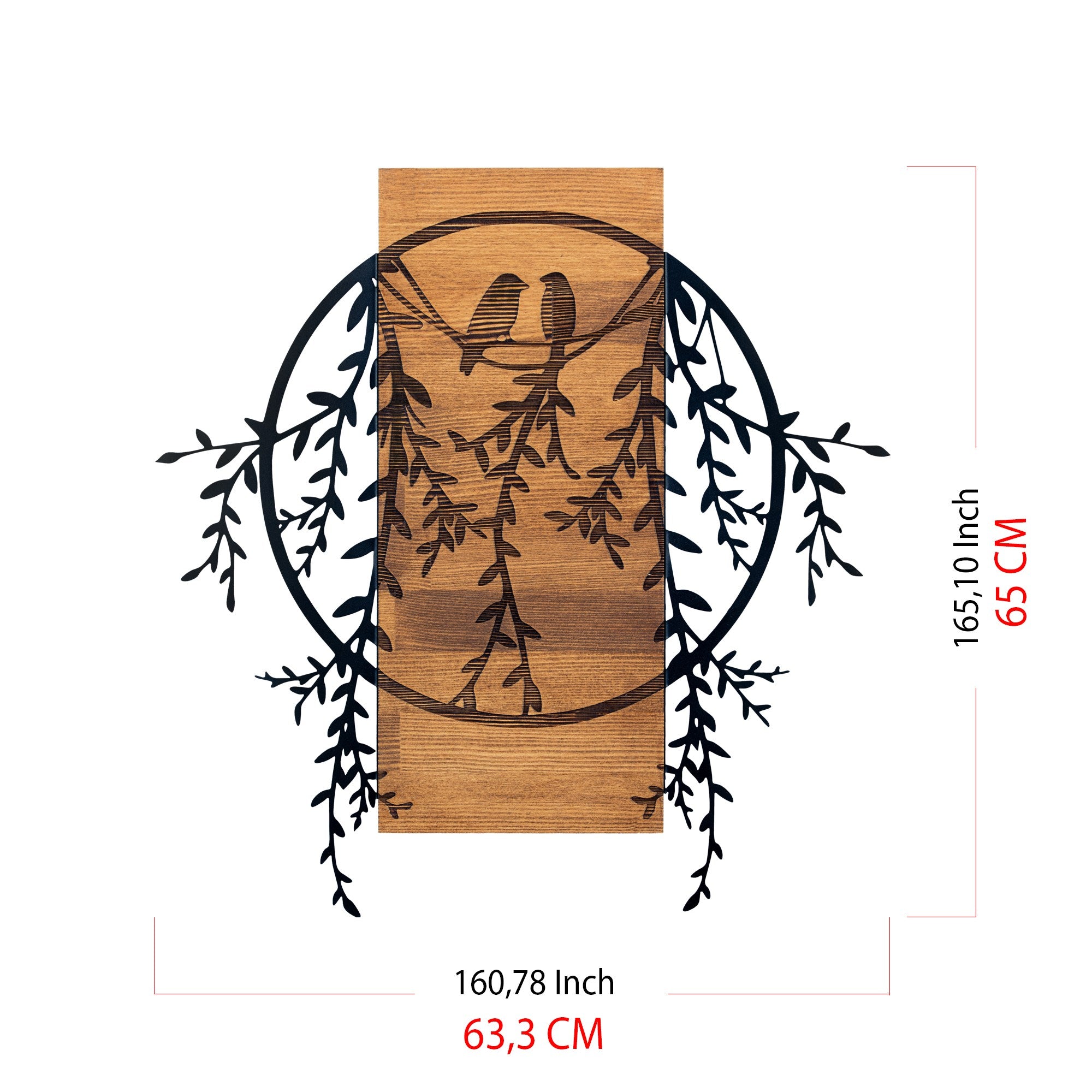 Pássaros Apaixonados 2 – Acessório Decorativo de Parede em Metal, Moldura de Madeira Nogueira, Preto, 63,3 x 65 cm