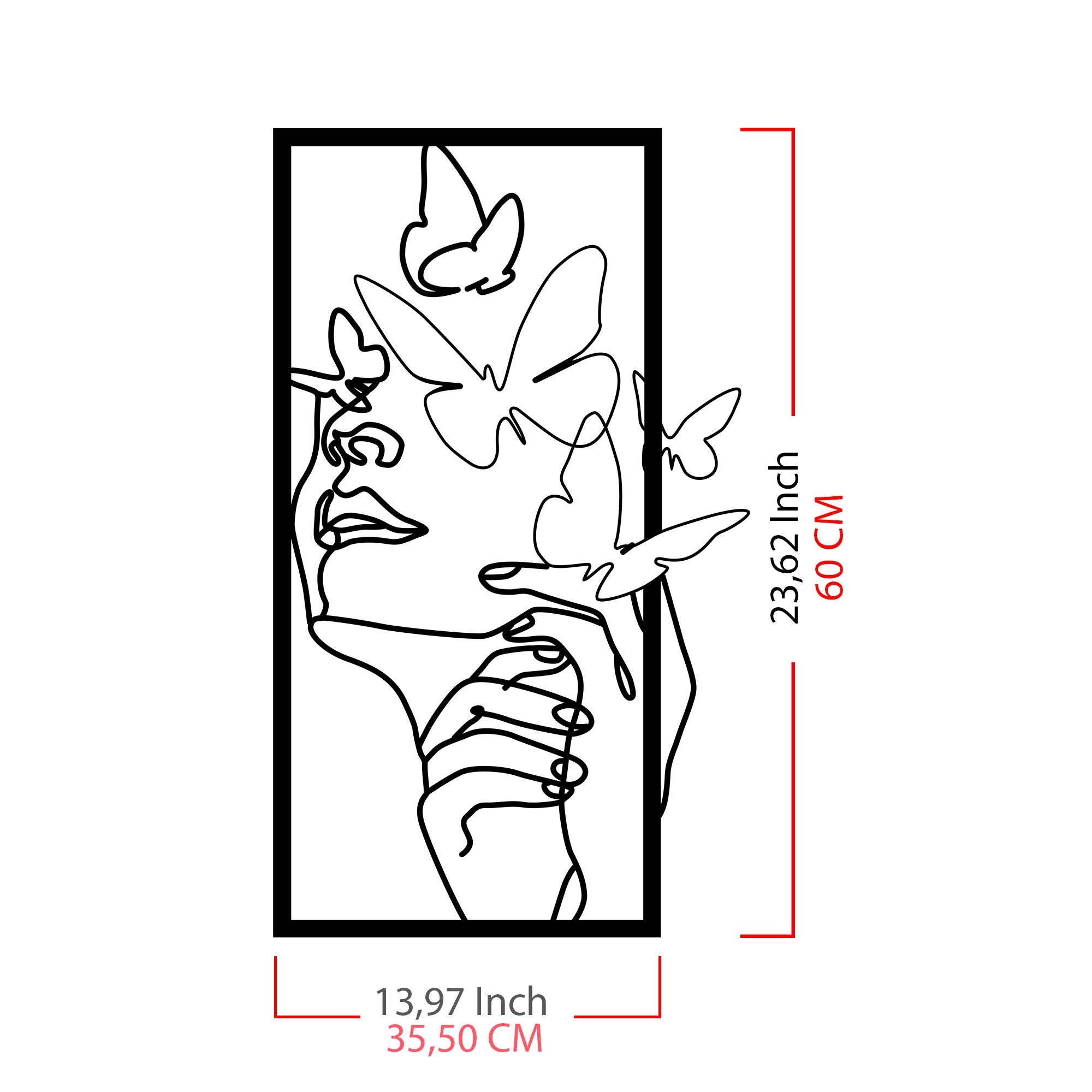 Butterfly Face Female – Acessório Decorativo de Parede em Metal Preto (100% metal, 1,2 mm), 35,5 x 60 cm