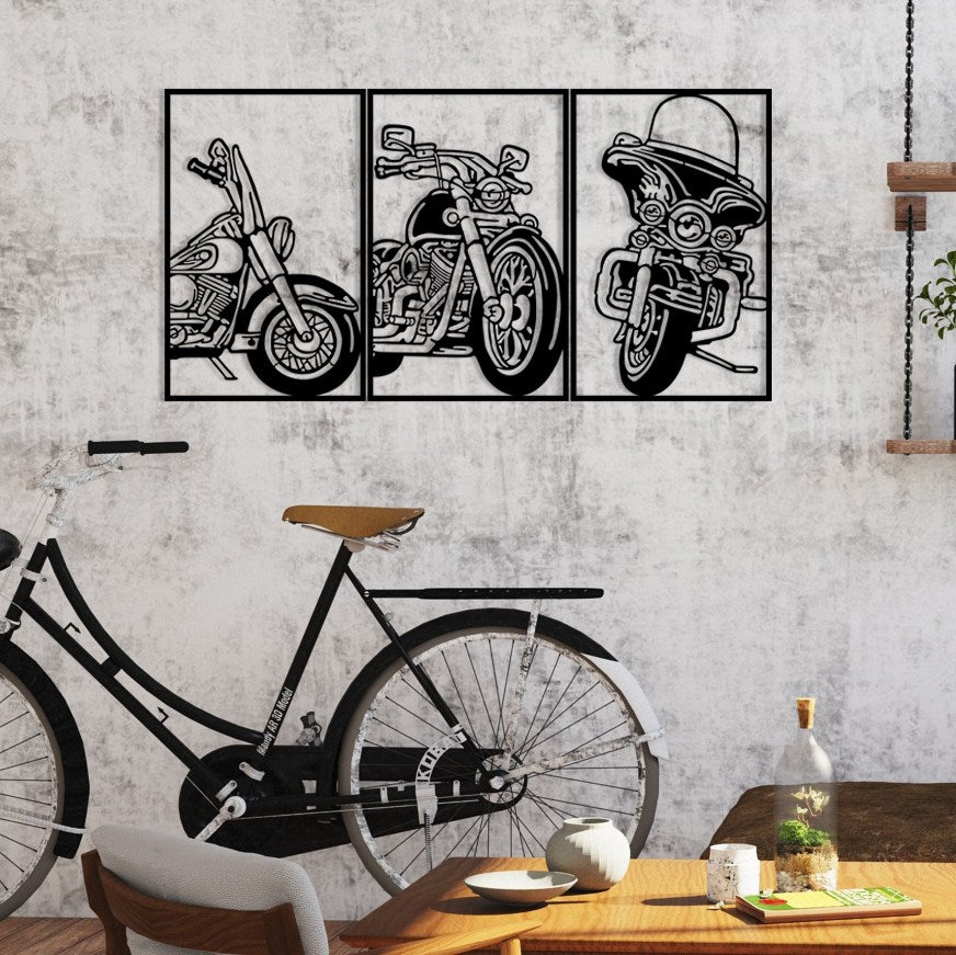 3 Choppers – Acessório Decorativo de Parede em Metal Preto 100x50 cm