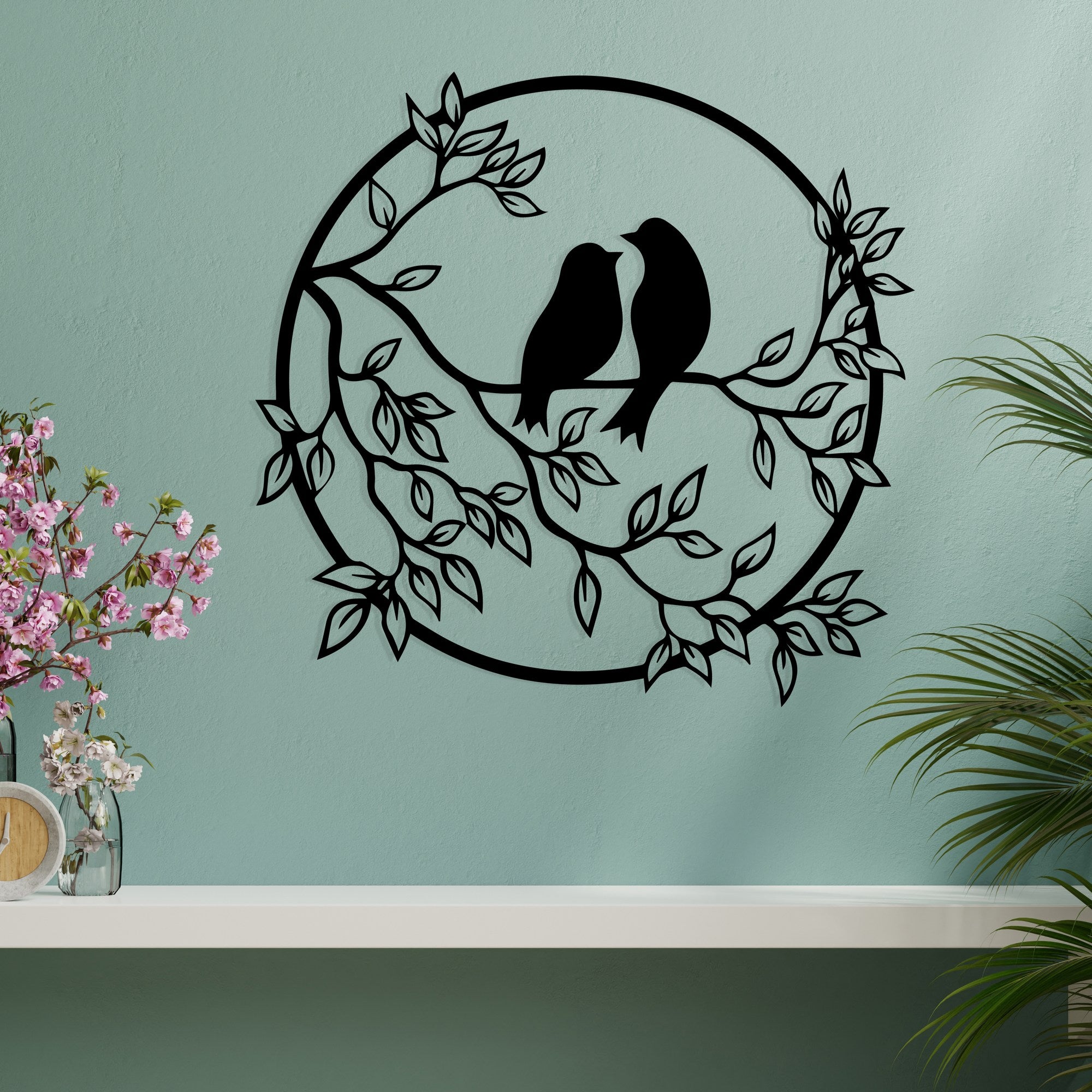 Pássaros na Árvore – Decoração de Parede 100% Metal Preto, 49,5 x 48 cm