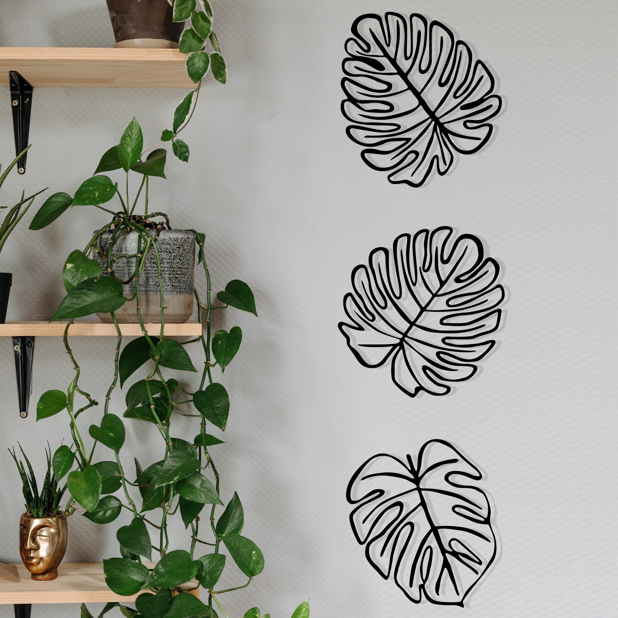 Tropical Acessório Decorativo de Parede em Metal Preto – Conjunto de 3 Folhas, 100% Metal (1,2 mm)