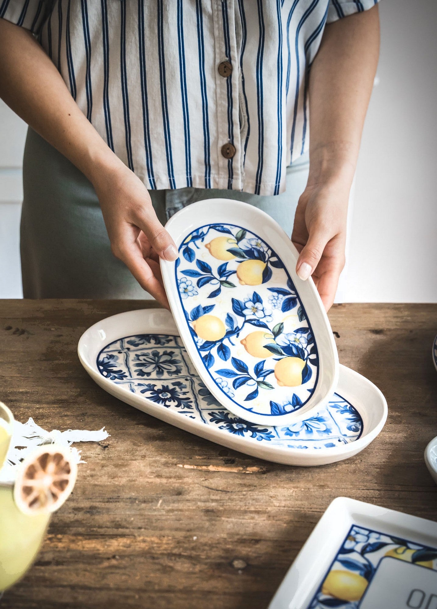 Conjunto de pratos de cerâmica – 29 x 17 x 2 cm – Amarelo