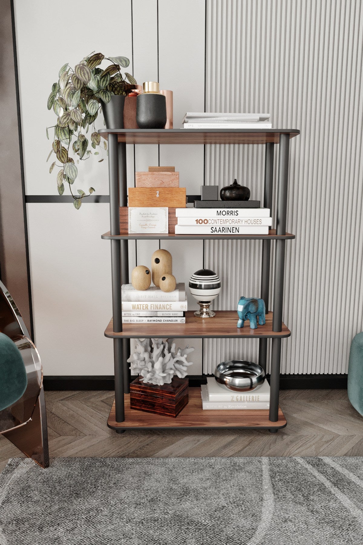 Estante 4 Prateleiras Retangular Nogueira - Design Moderno Premium