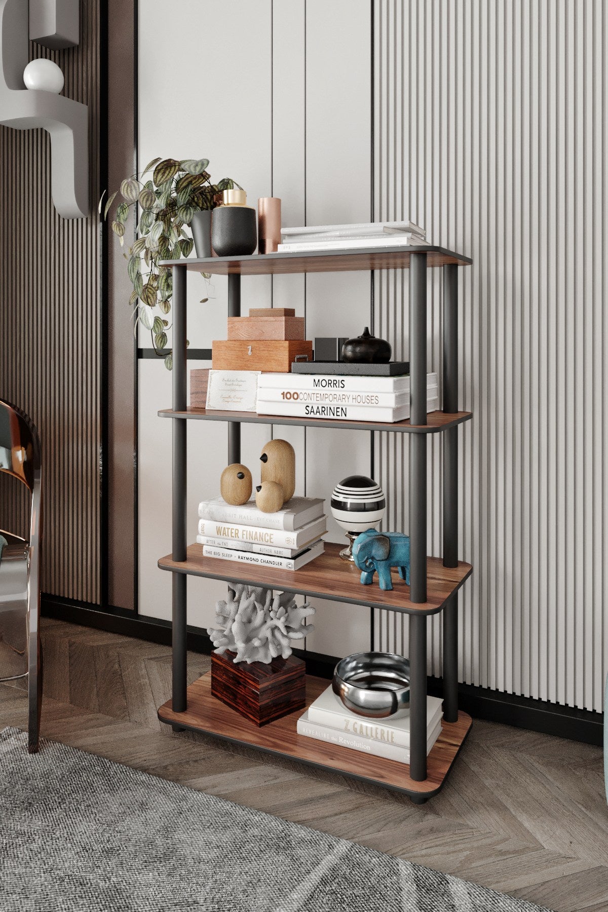 Estante 4 Prateleiras Retangular Nogueira - Design Moderno Premium