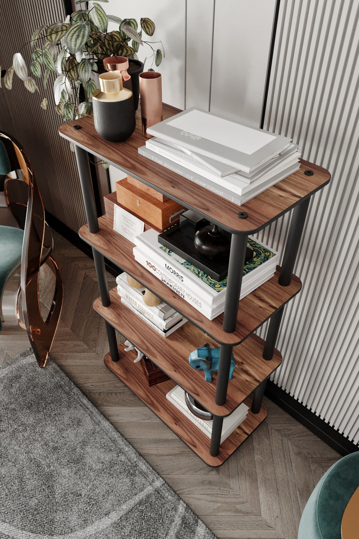 Estante 4 Prateleiras Retangular Nogueira - Design Moderno Premium