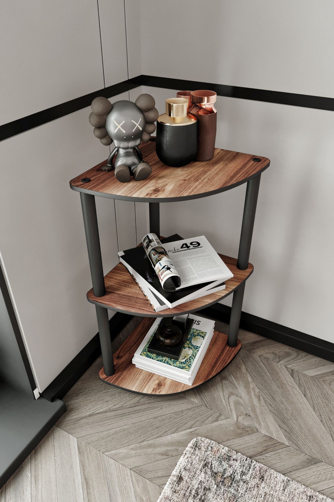 Estante de Canto 3 Prateleiras Walnut - Design Compacto Premium