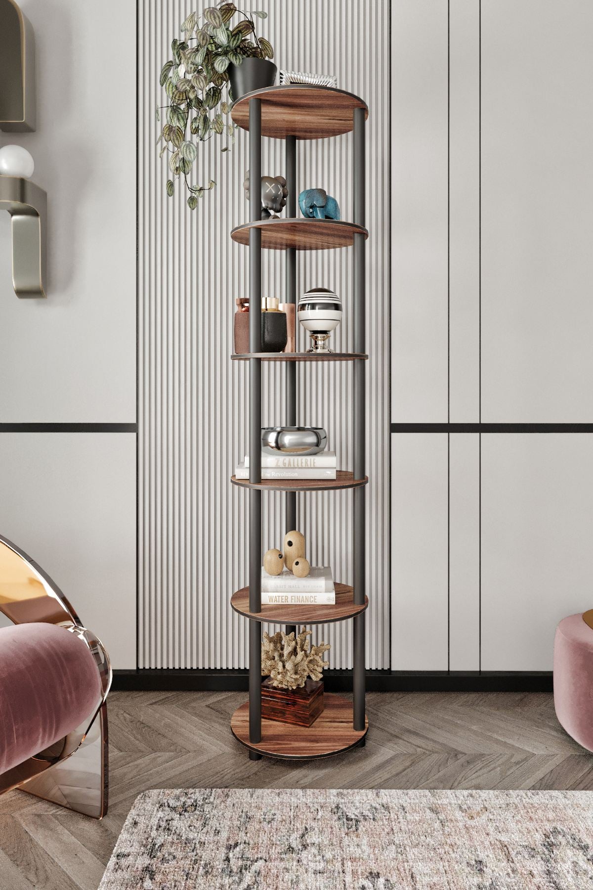 Estante 6 Prateleiras Round Walnut - Design Moderno Premium