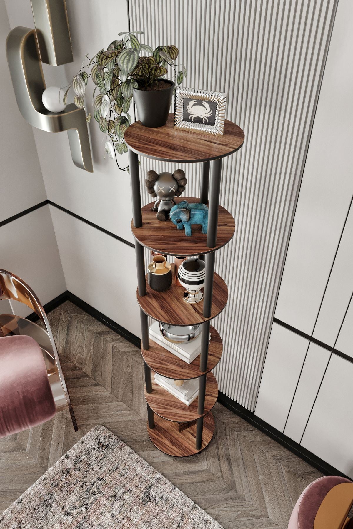 Estante 6 Prateleiras Round Walnut - Design Moderno Premium