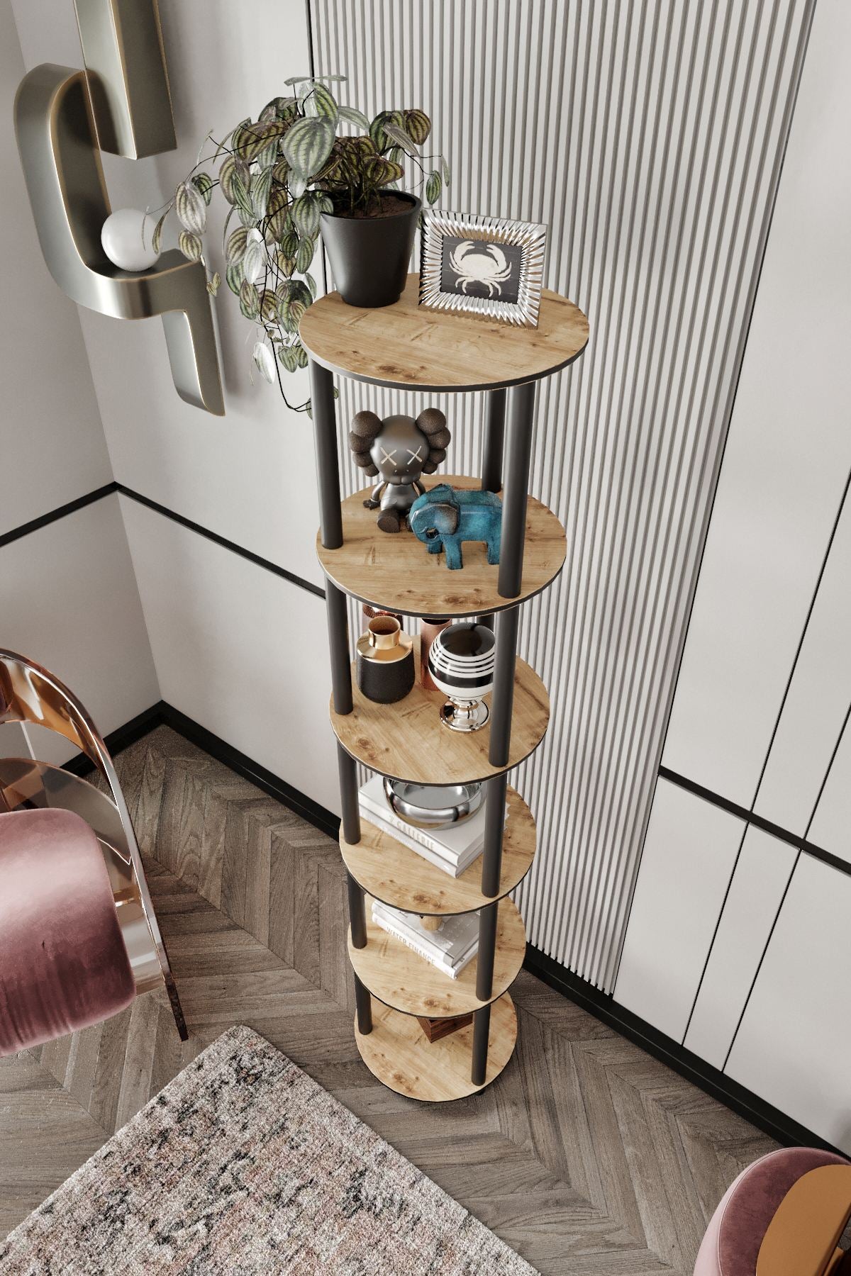 Estante Redonda 6 Níveis Oak - Design Vertical Elegante
