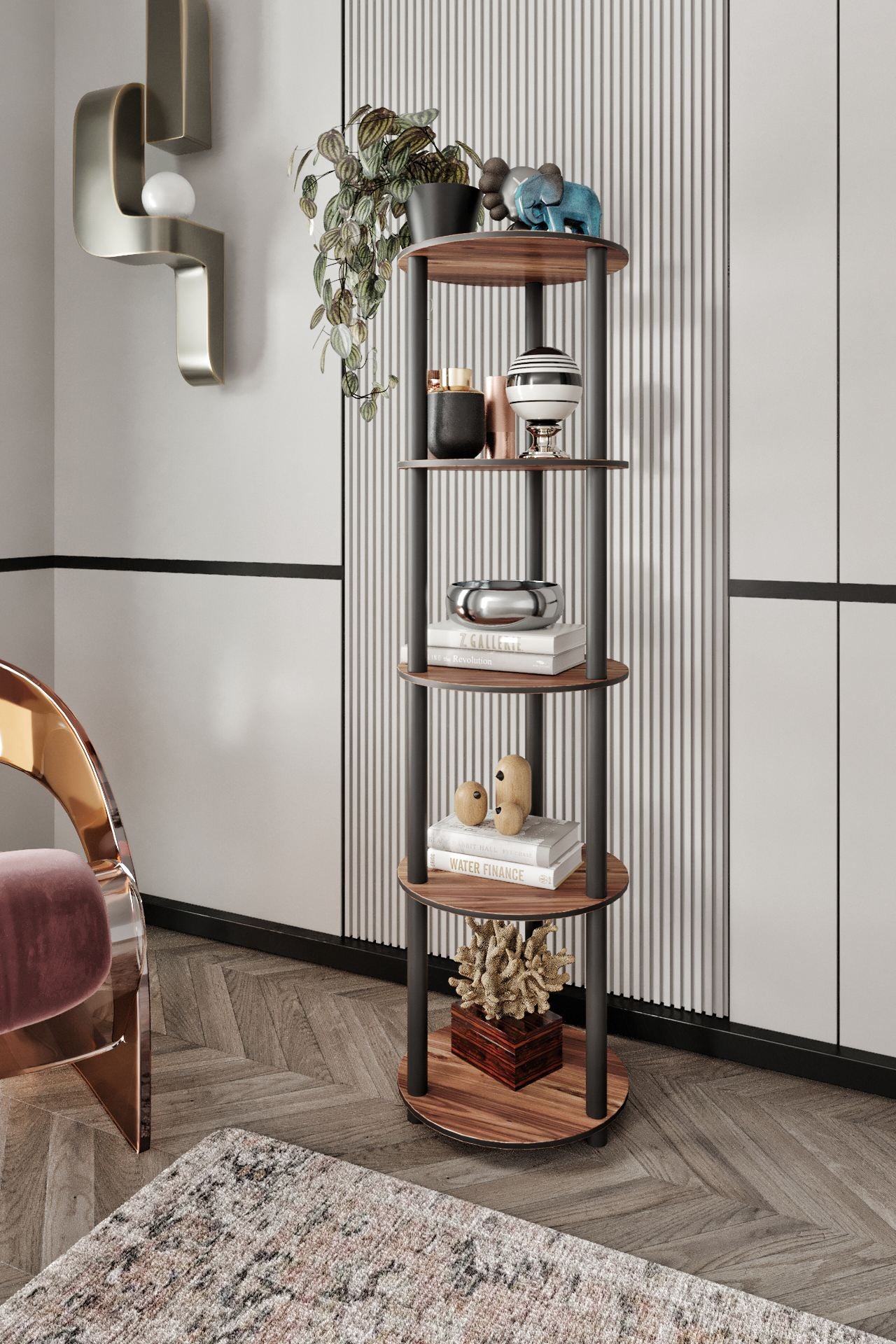 Estante Round Walnut 5 Prateleiras - Design Moderno Premium