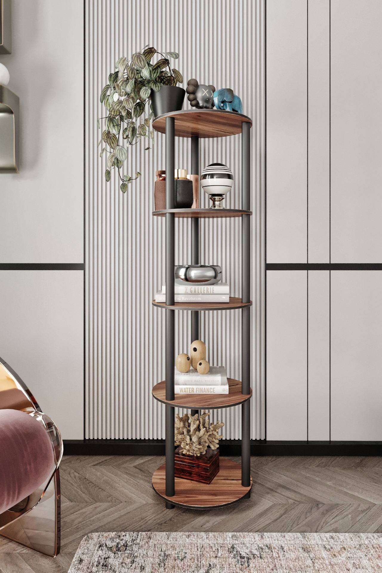 Estante Round Walnut 5 Prateleiras - Design Moderno Premium
