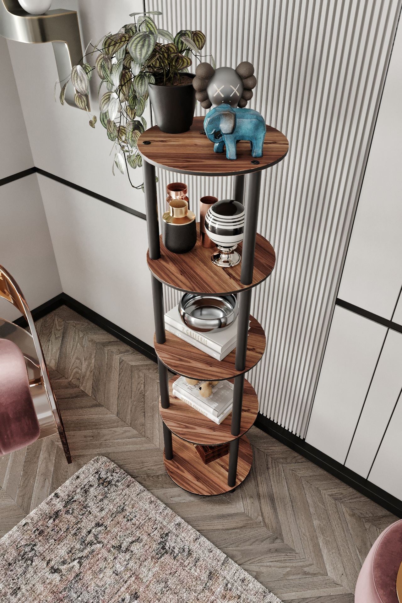 Estante Round Walnut 5 Prateleiras - Design Moderno Premium