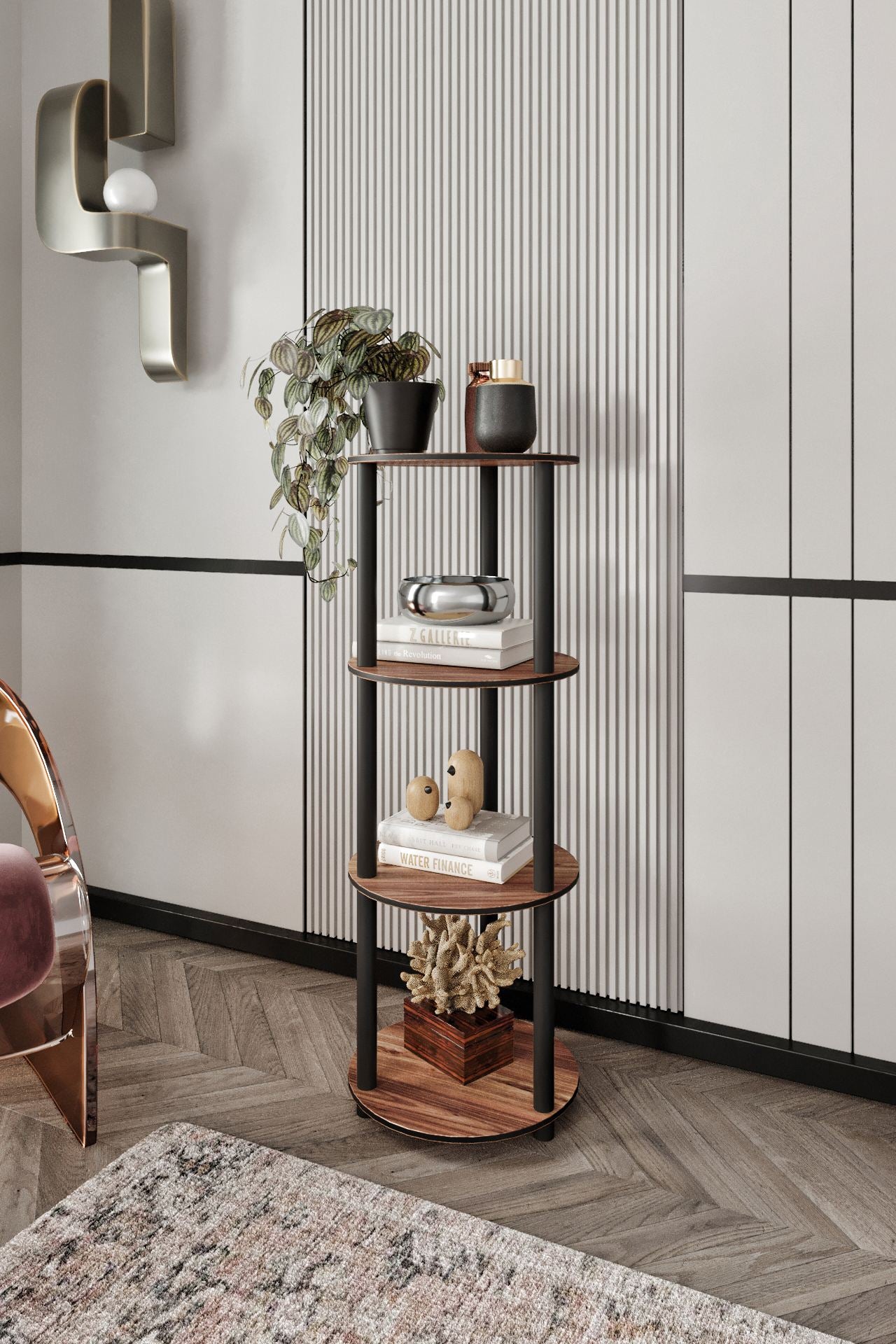 Estante Redonda 4 Níveis Walnut - Design Moderno Premium