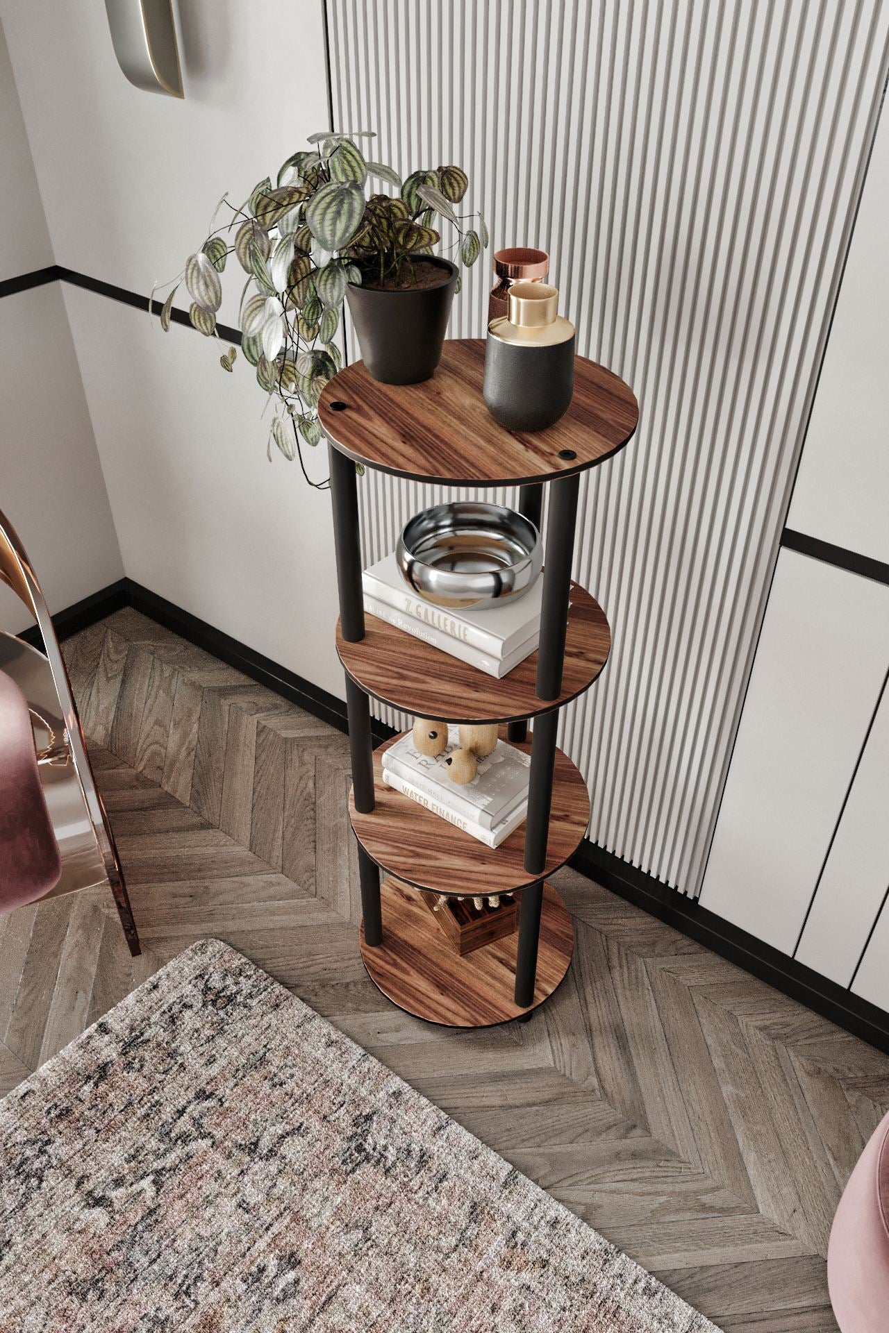 Estante Redonda 4 Níveis Walnut - Design Moderno Premium