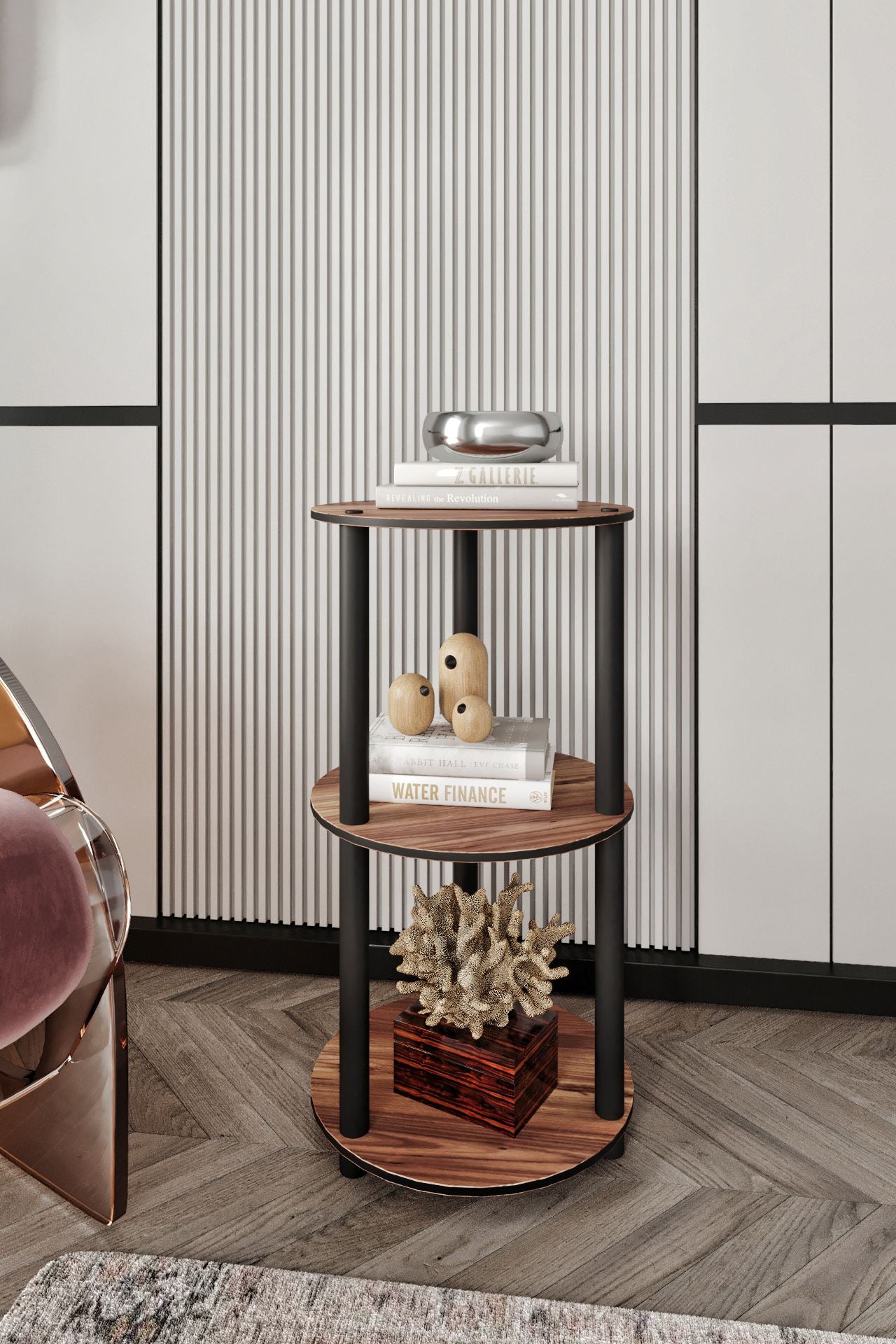 Estante 3 Prateleiras Redonda Walnut - Design Moderno Premium