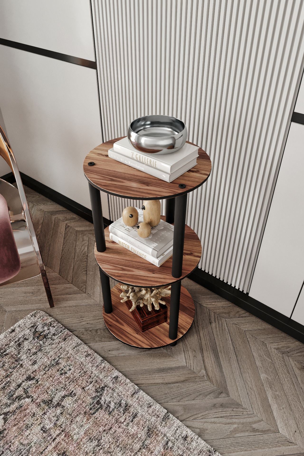 Estante 3 Prateleiras Redonda Walnut - Design Moderno Premium