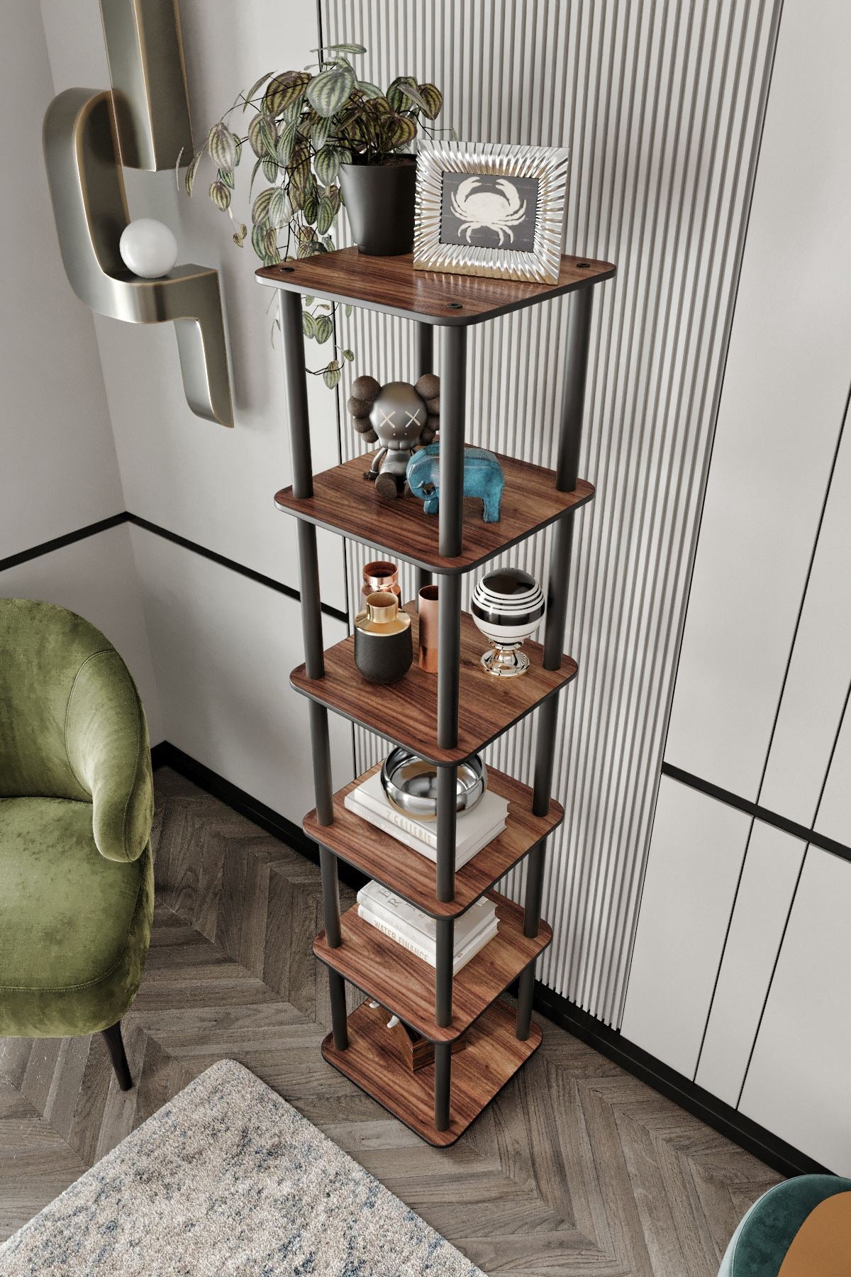 Estante Bookcase 6 Tiers Square Walnut - Elegância Vertical