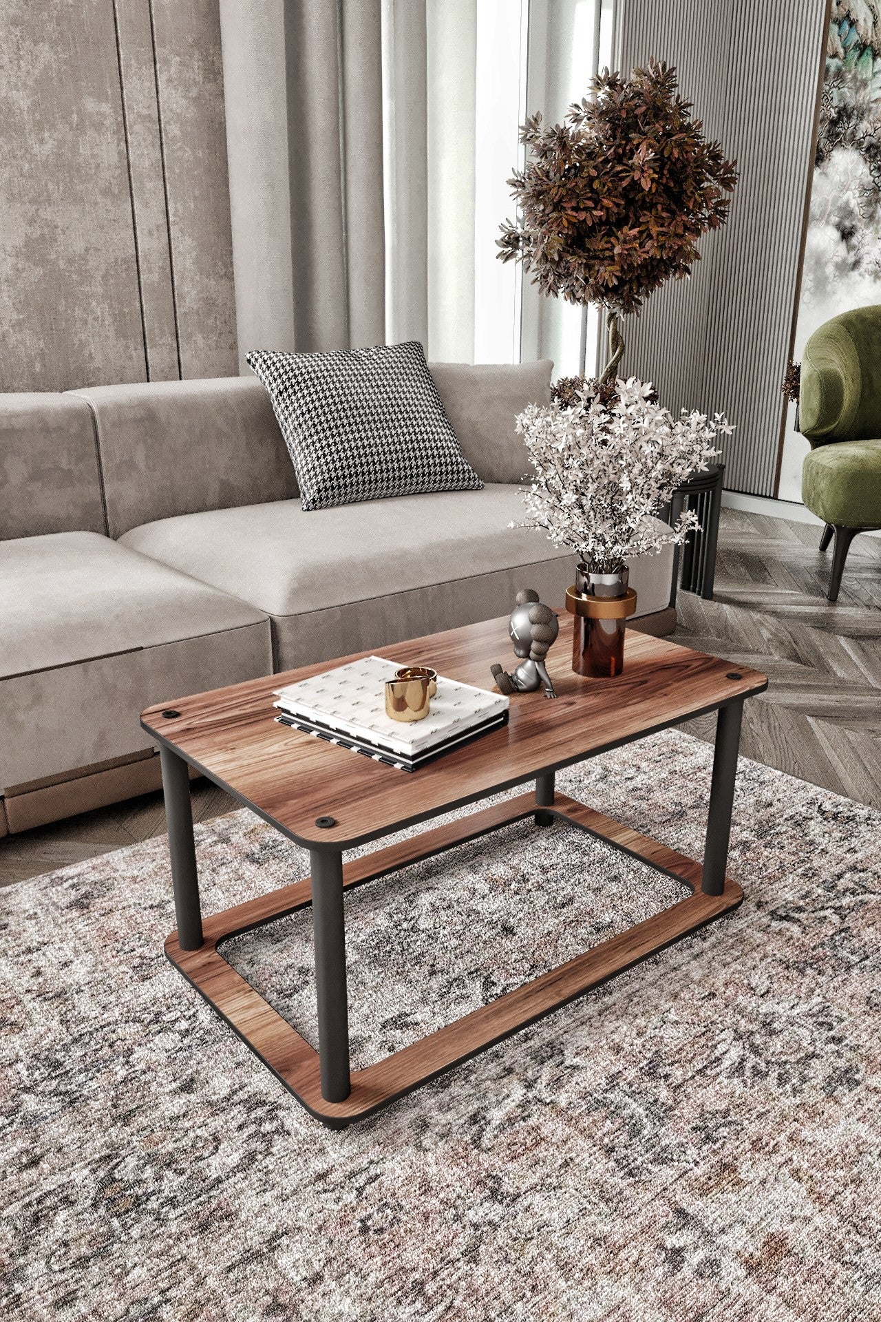 Mesa de Centro Hole Rect - Acabamento Walnut Premium