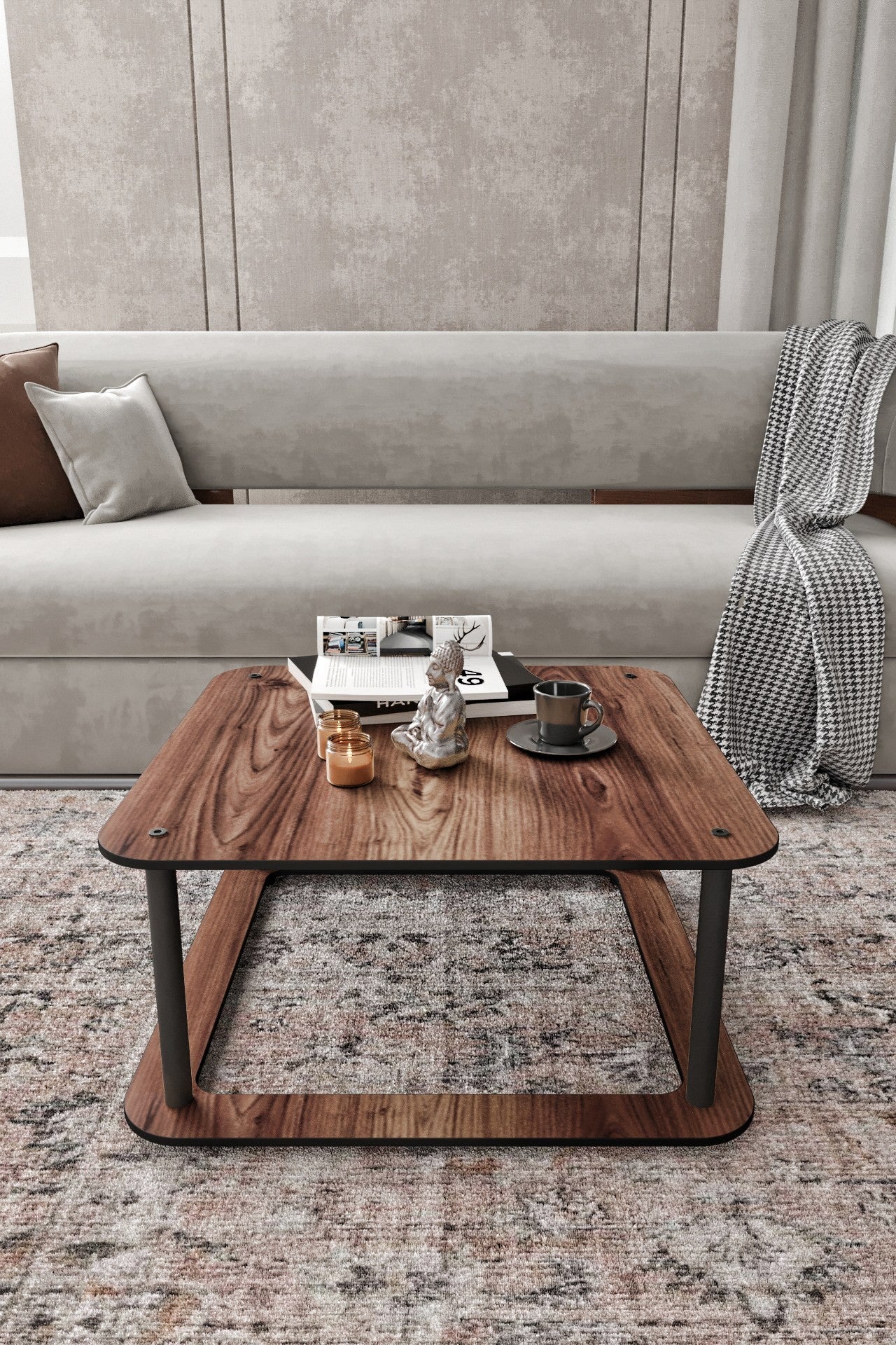 Mesa de Centro Hole Square Walnut 70x70cm - Design Moderno