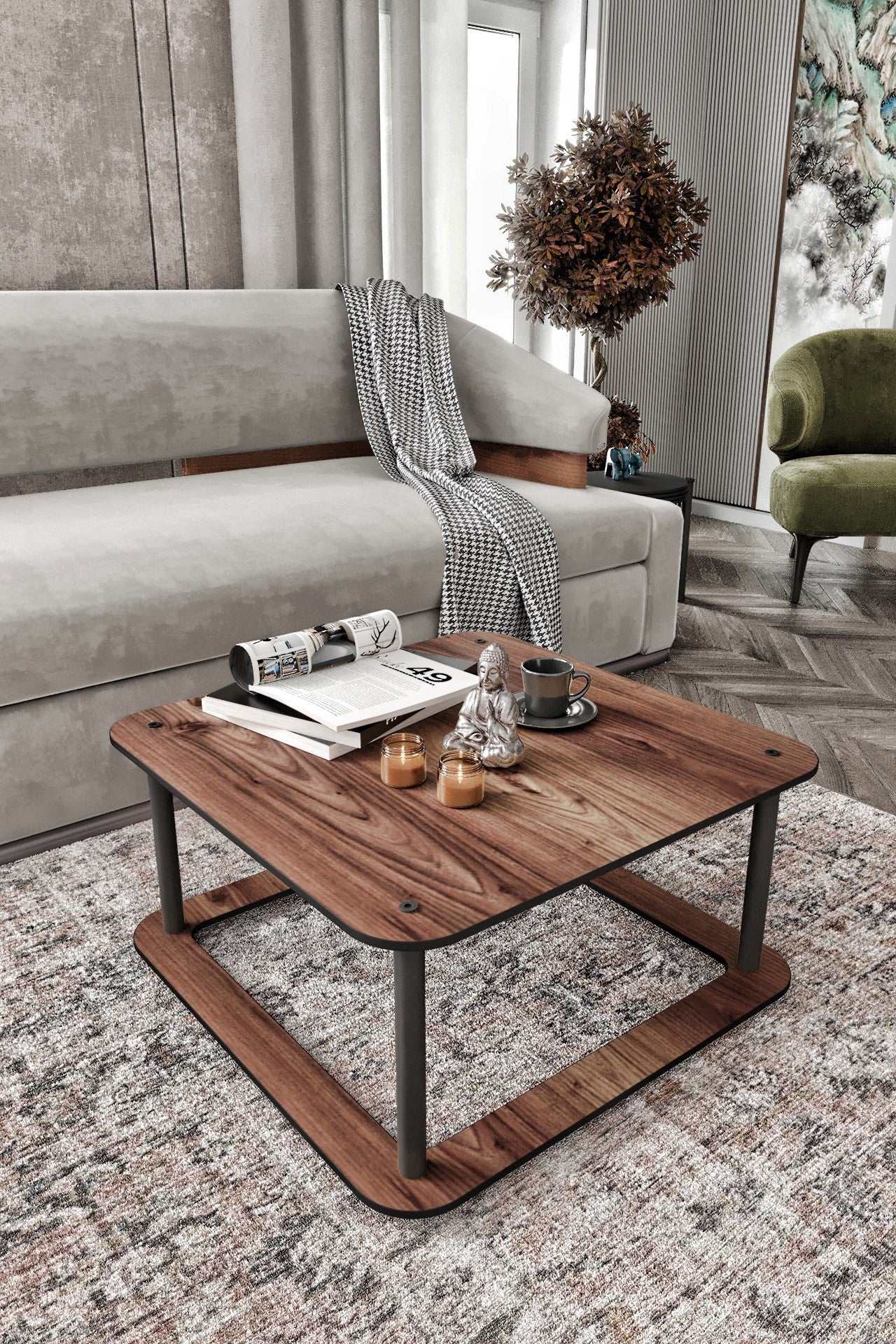 Mesa de Centro Hole Square Walnut 70x70cm - Design Moderno