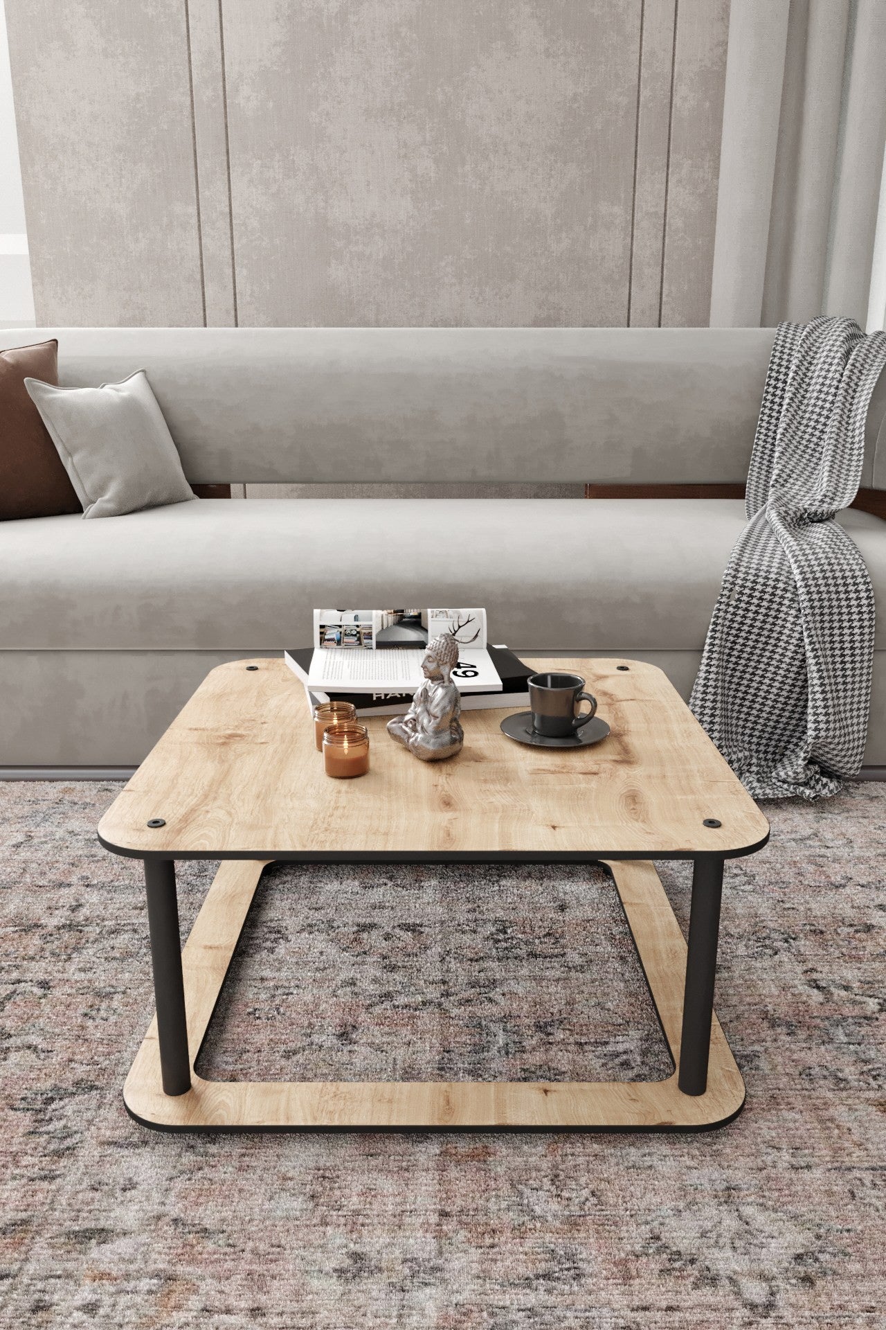 Mesa de Centro Hole Square Oak - Design Moderno Premium 70x70cm