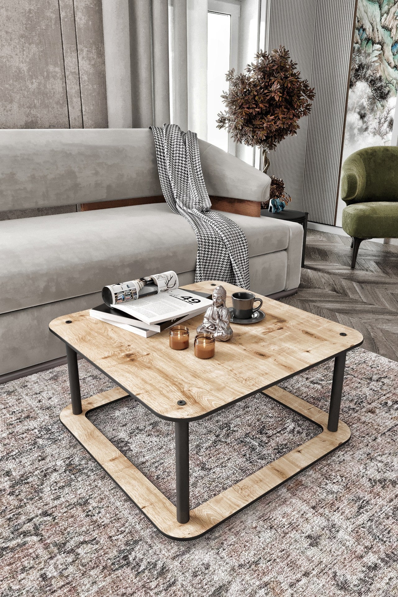 Mesa de Centro Hole Square Oak - Design Moderno Premium 70x70cm