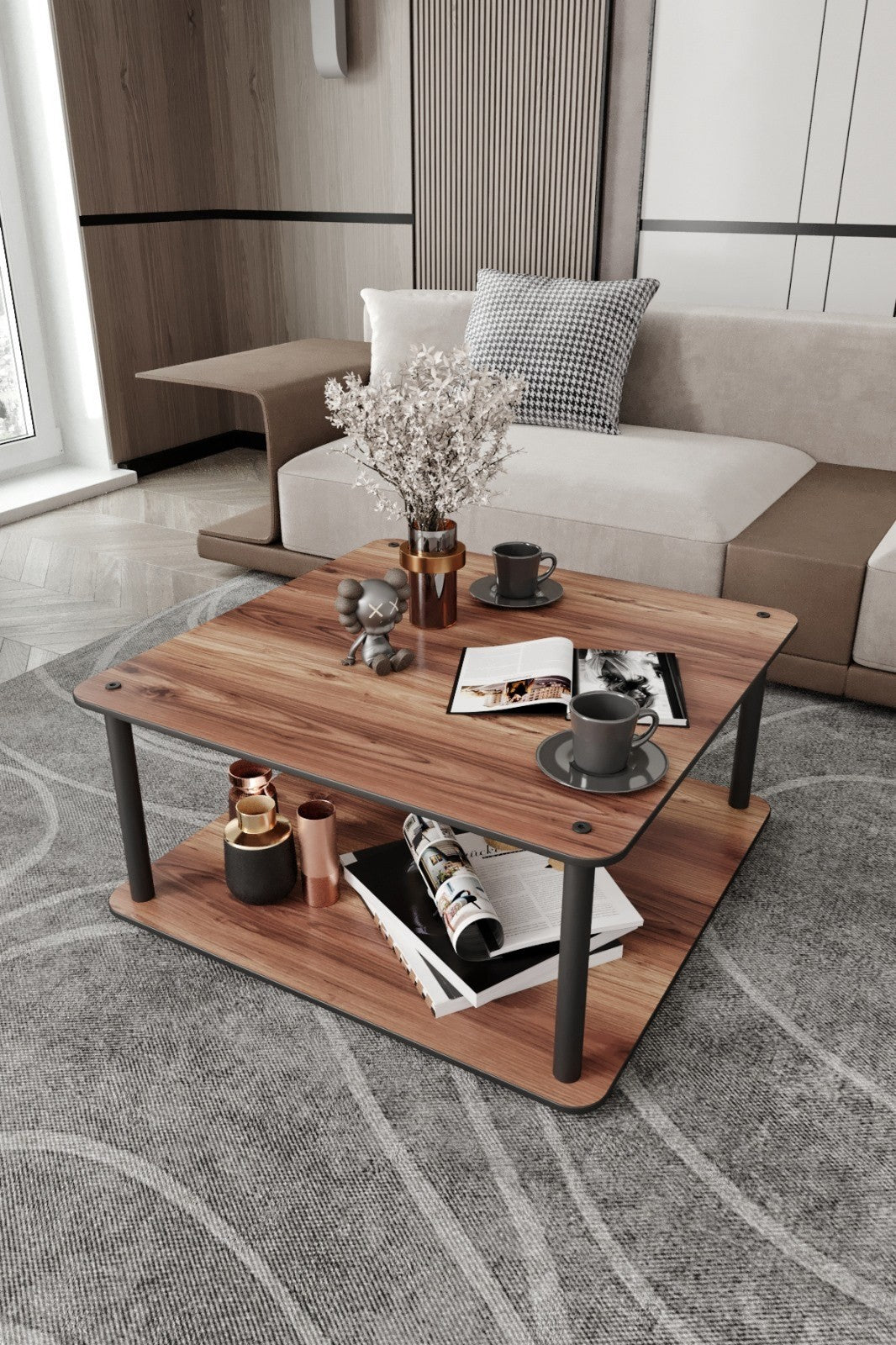 Mesa de Centro Masivo Square Walnut - Design Moderno 70x70cm