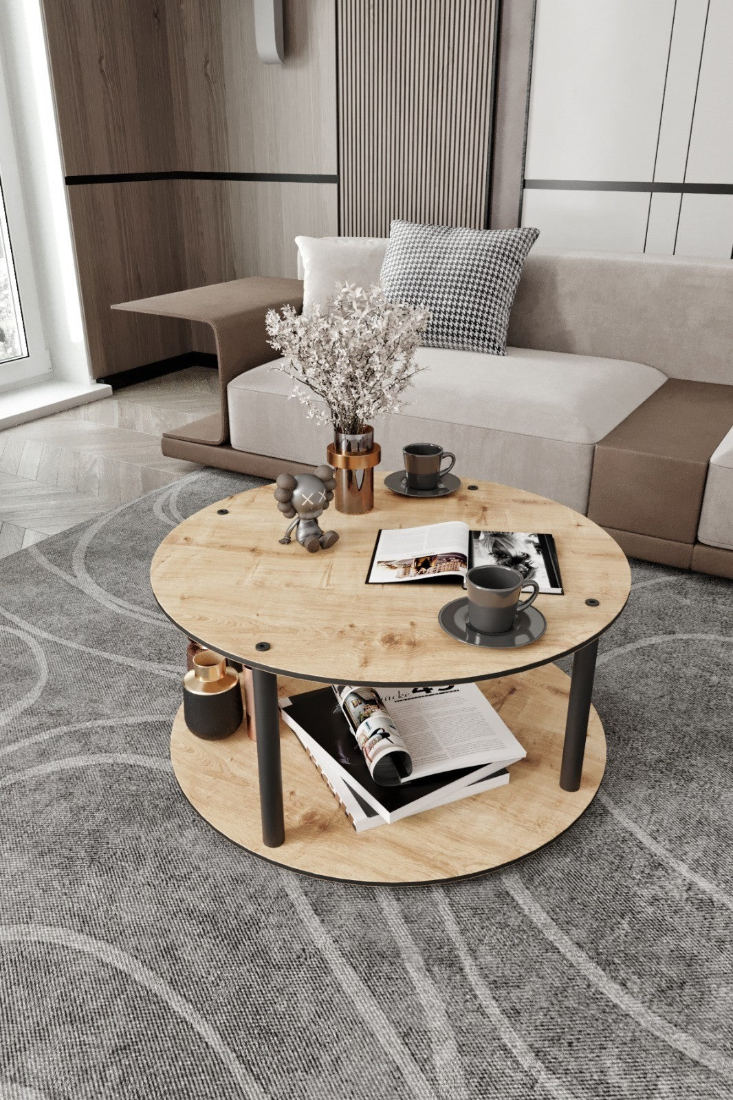 Mesa de Centro Masivo Round Oak - Design Moderno Premium 70cm