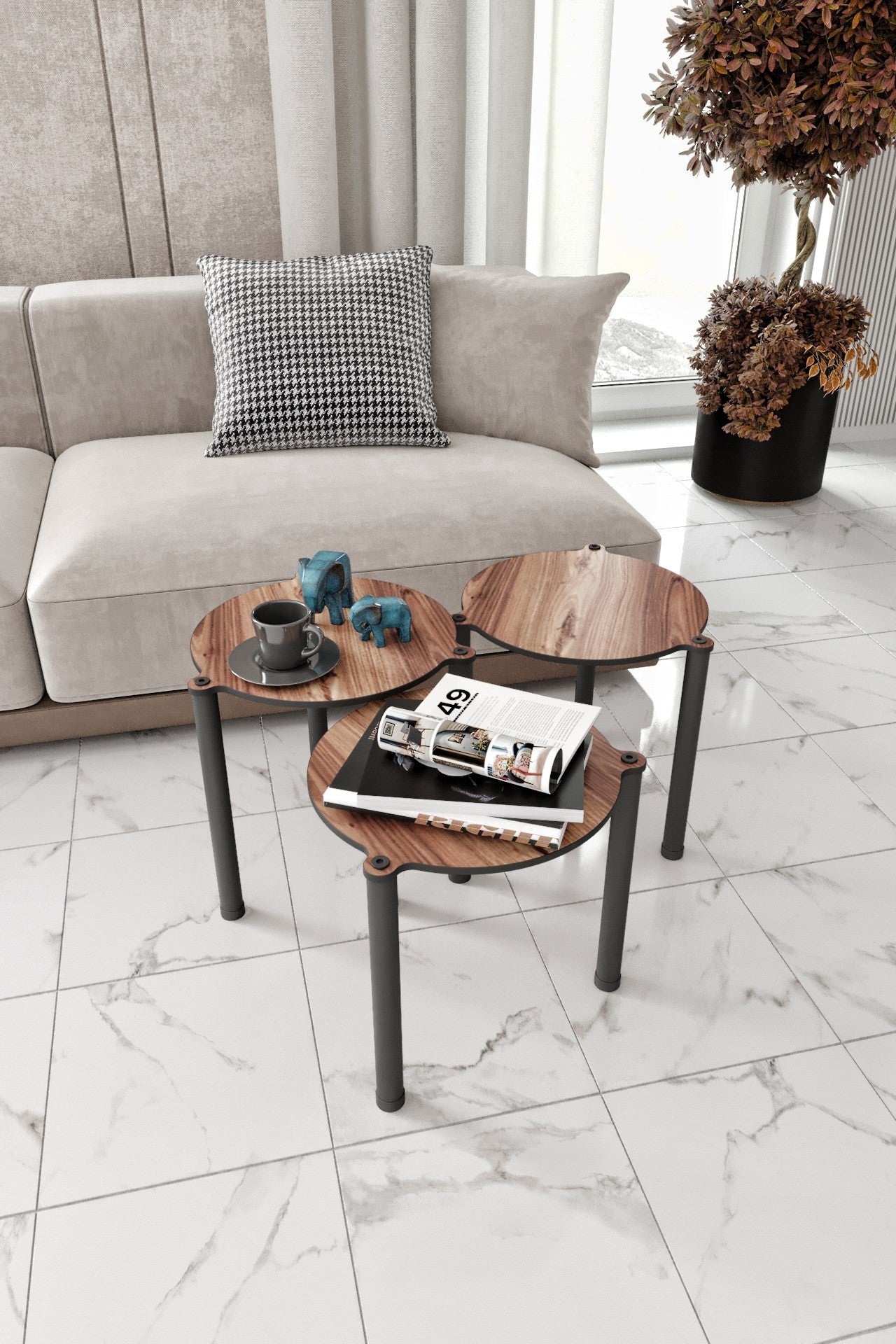 Mesa de Centro Lavia 3 Walnut - Conjunto Nesting Table Premium