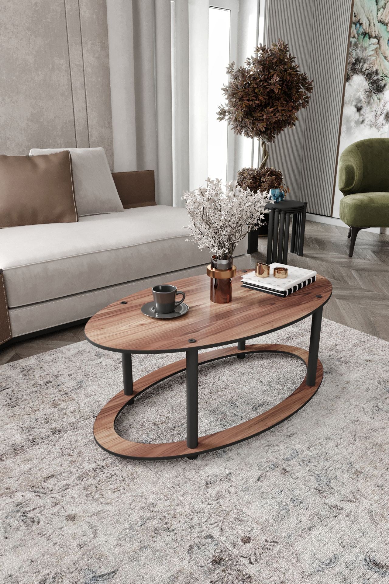 Mesa de Centro Hole Ellipse Walnut - Design Exclusivo MDF Premium
