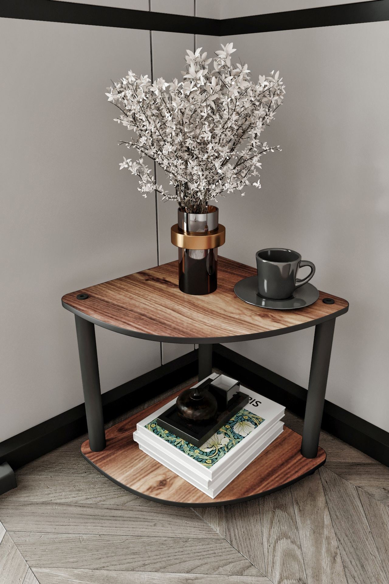 Estante Angular 2 Níveis Walnut - Design Compacto Premium