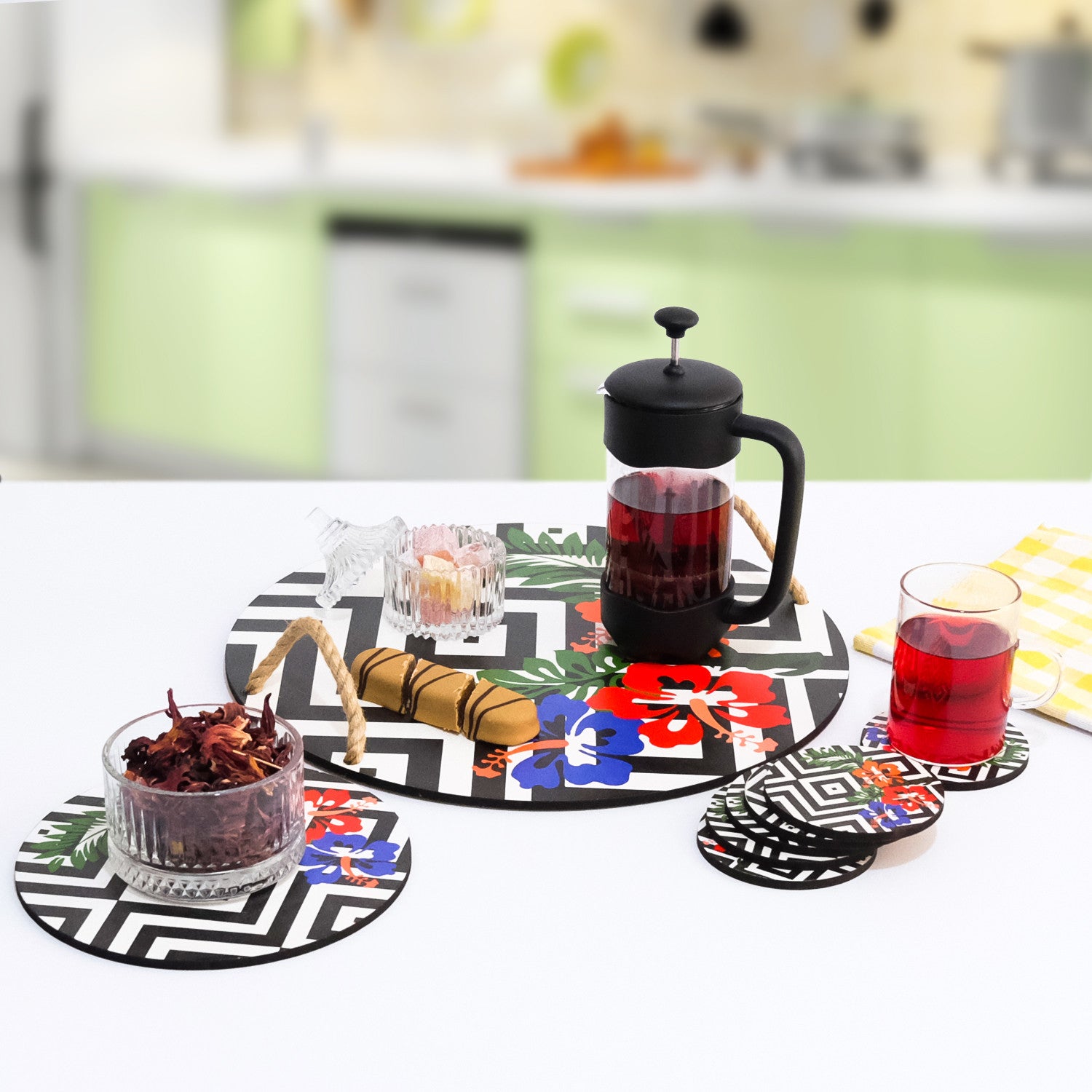 Conjunto de bandeja de madeira e tapete de vidro (8 peças)-PLT0203-Multicolorido