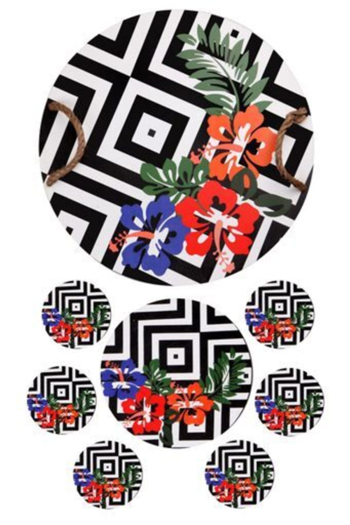 Conjunto de bandeja de madeira e tapete de vidro (8 peças)-PLT0203-Multicolorido