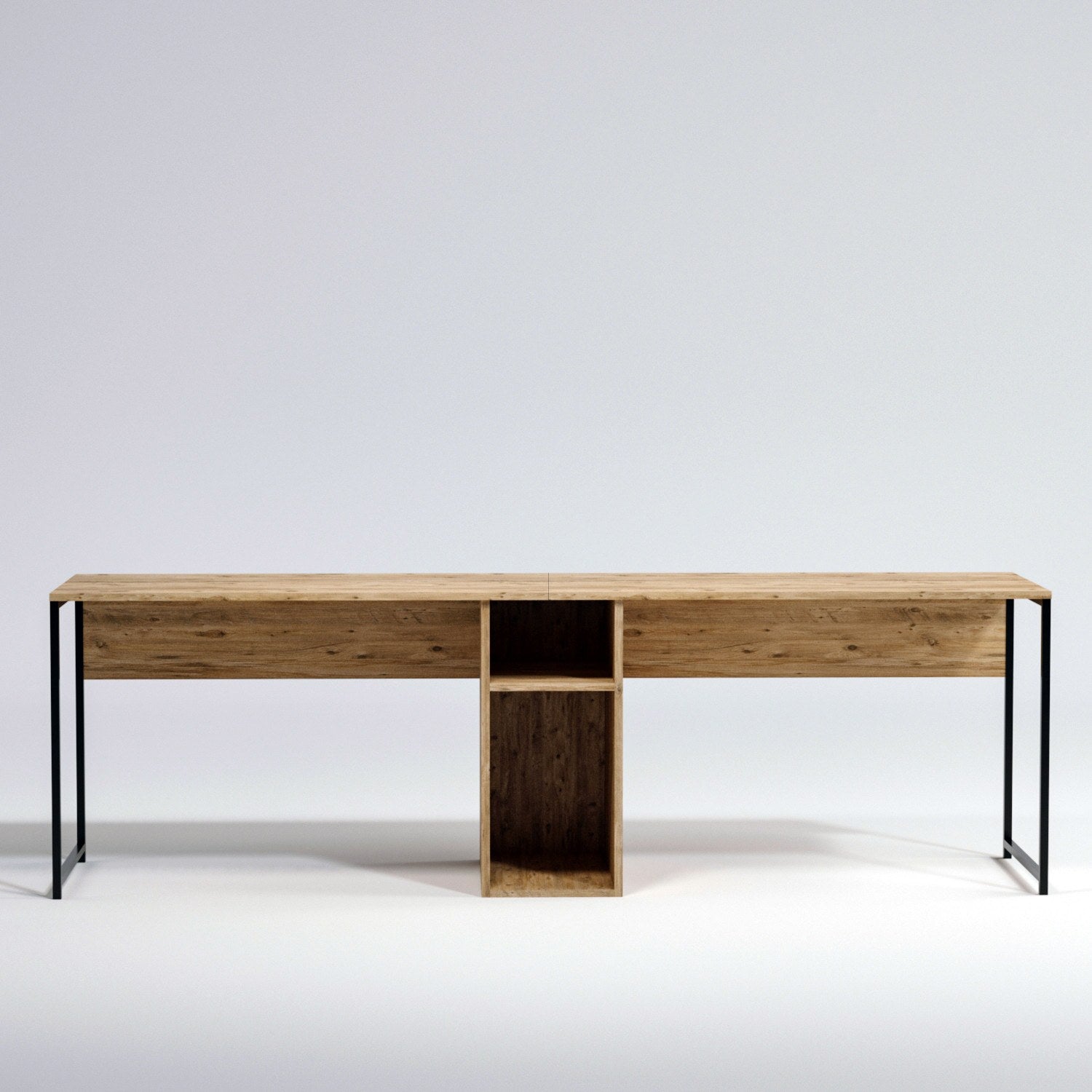 Secretária de Estudo/Escritório moderna com opção de montagem na parede, pinho atlântico e preto, 240 x 74 x 60 cm | 100% revestida em melamina, 18 mm de espessura, pés de metal eletrostático, várias prateleiras