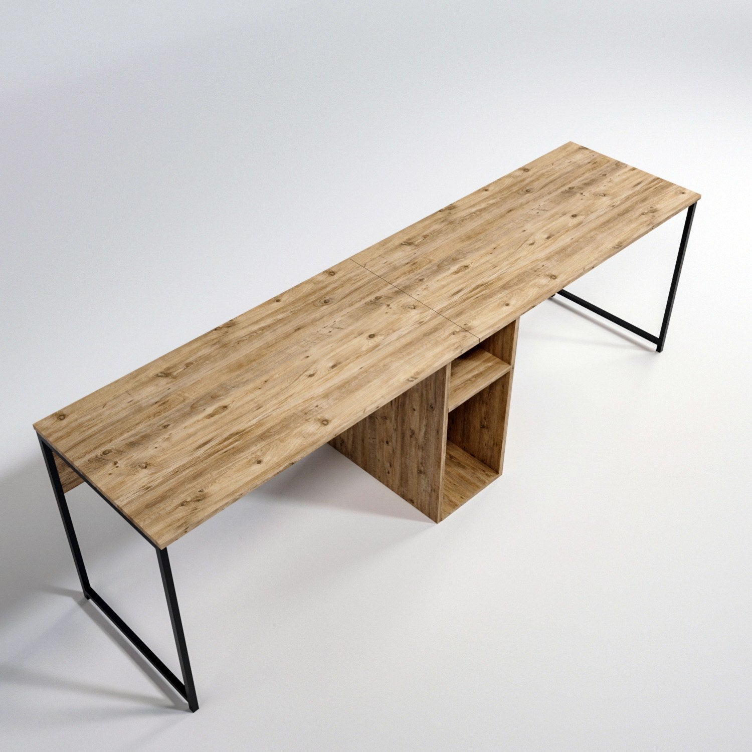 Secretária de Estudo/Escritório moderna com opção de montagem na parede, pinho atlântico e preto, 240 x 74 x 60 cm | 100% revestida em melamina, 18 mm de espessura, pés de metal eletrostático, várias prateleiras
