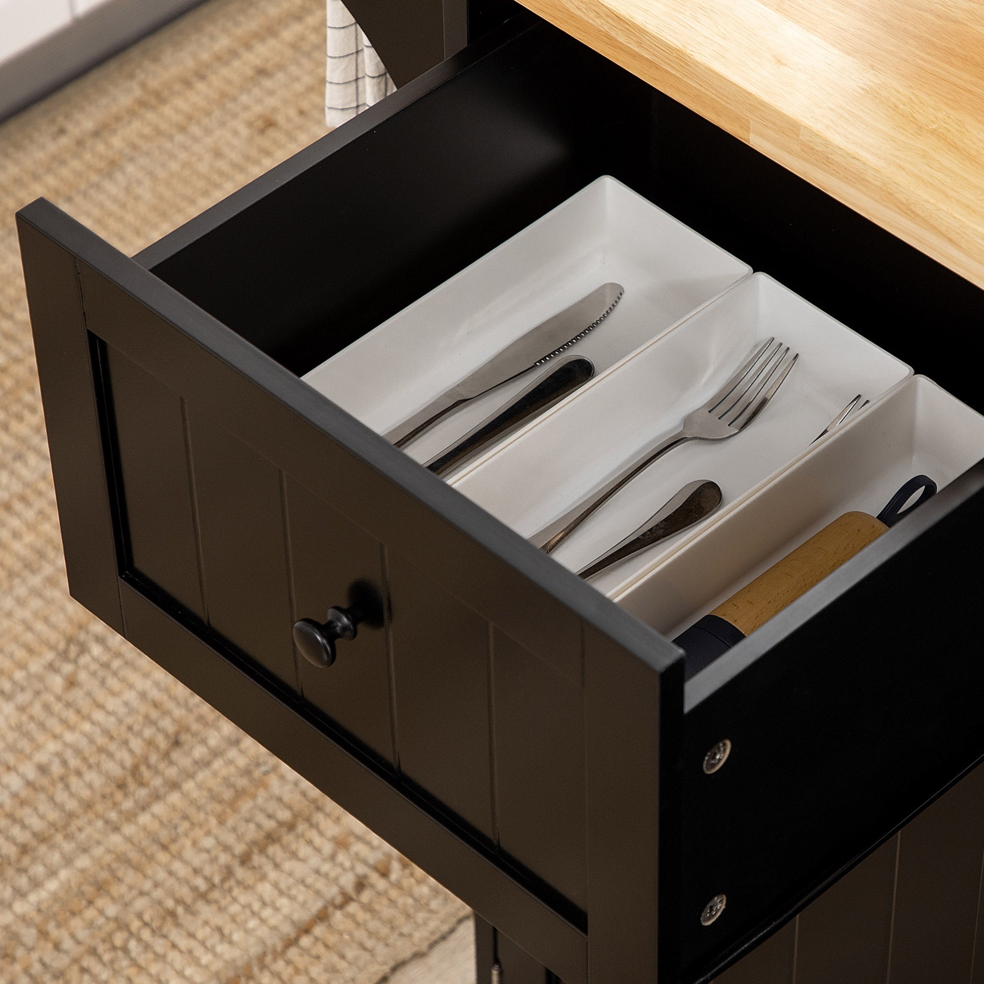 Ilha de Cozinha – 135x45x94,5cm – Preto – MDF e Madeira de Borracha