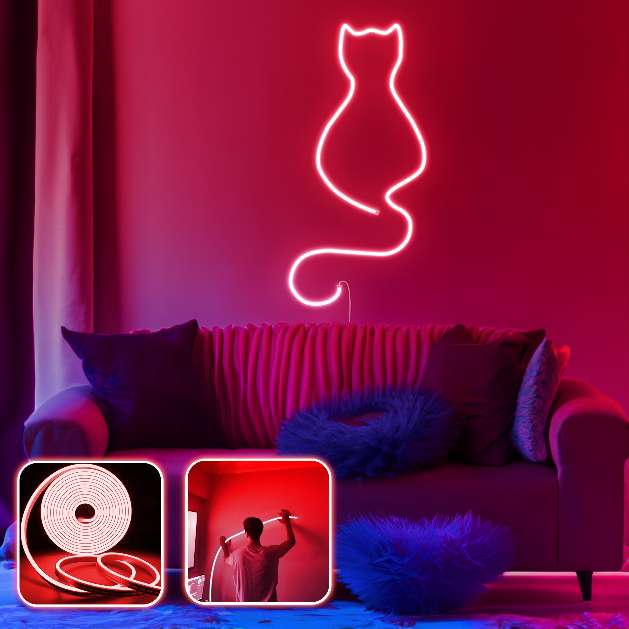 Iluminação Decorativa de Parede LED – 200 cm – Vermelho – Néon