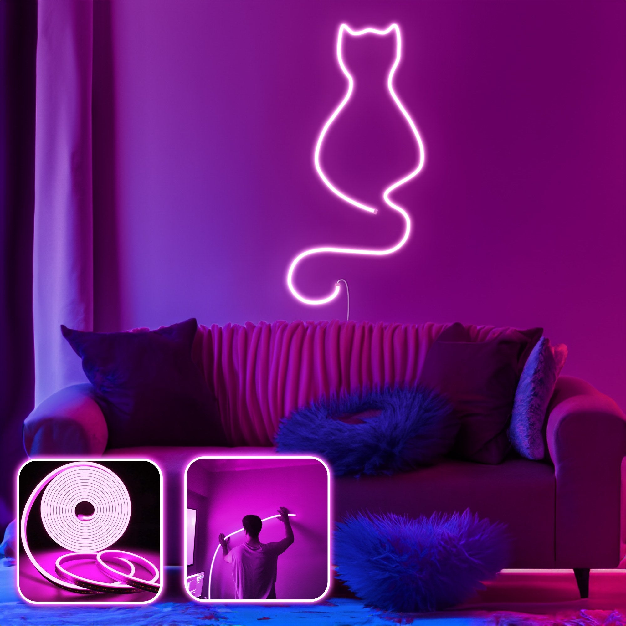 Iluminação LED decorativa de parede – 350 cm – Rosa – Néon à prova de água