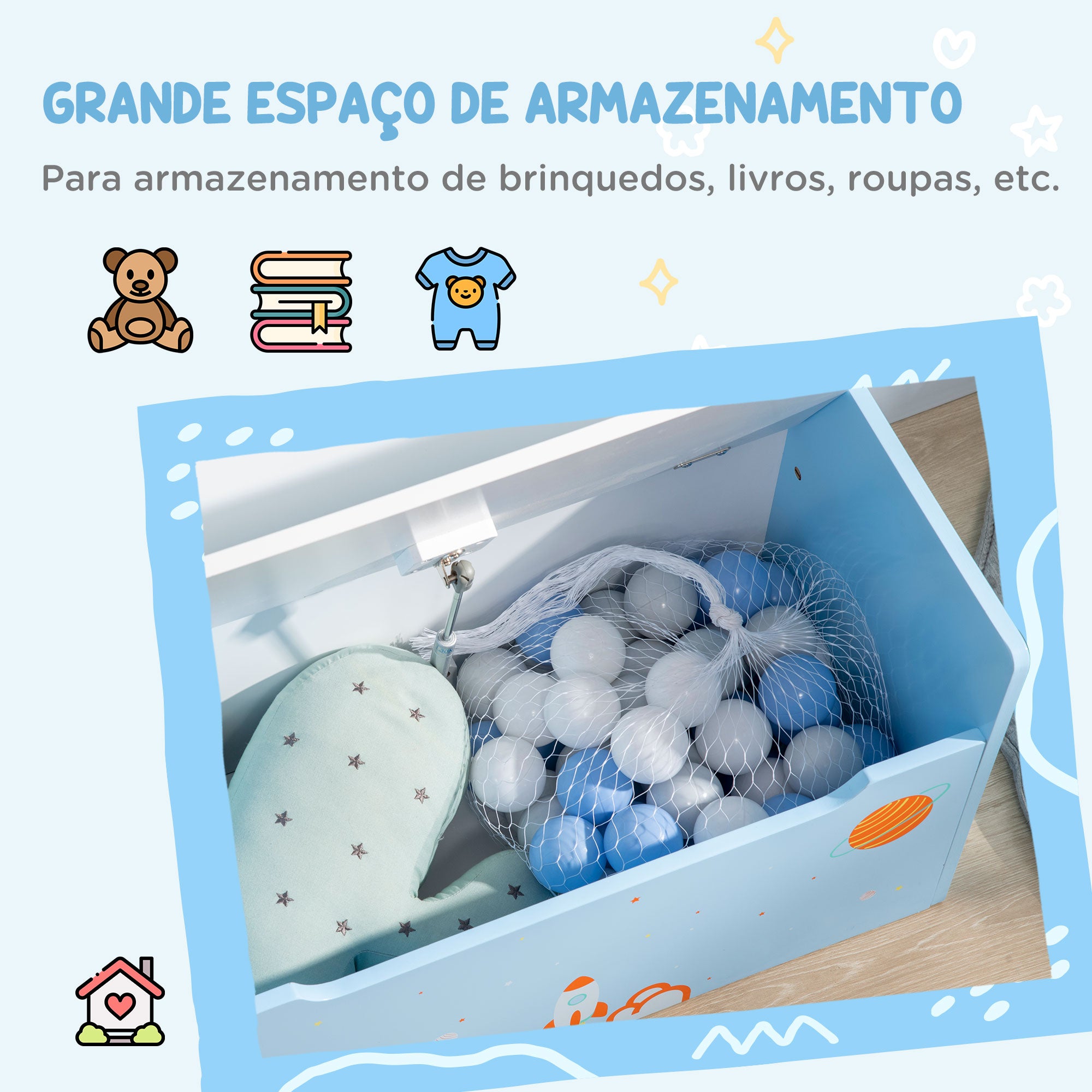 Baú Infantil 2 em 1 Azul 60x30x50cm