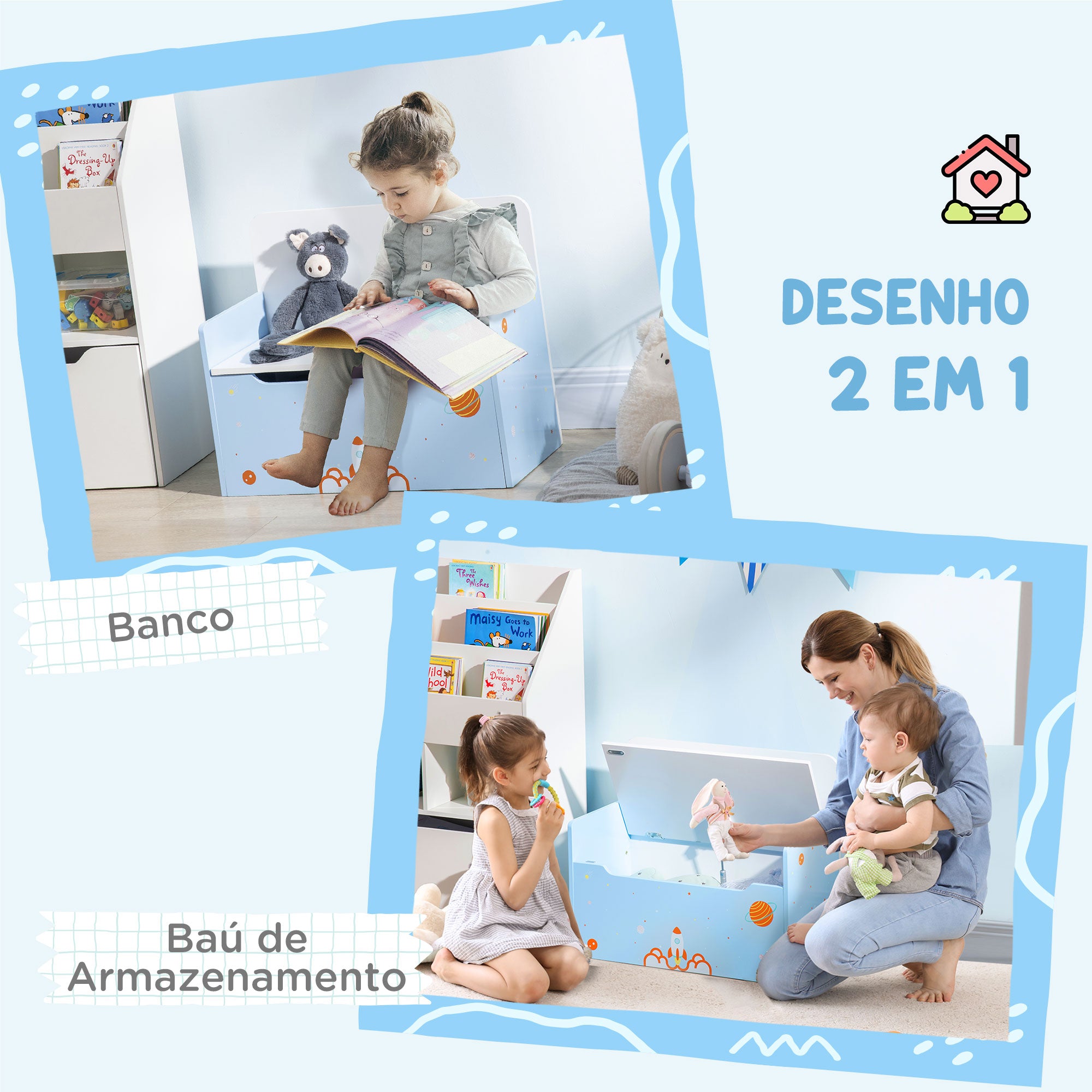 Baú Infantil 2 em 1 Azul 60x30x50cm