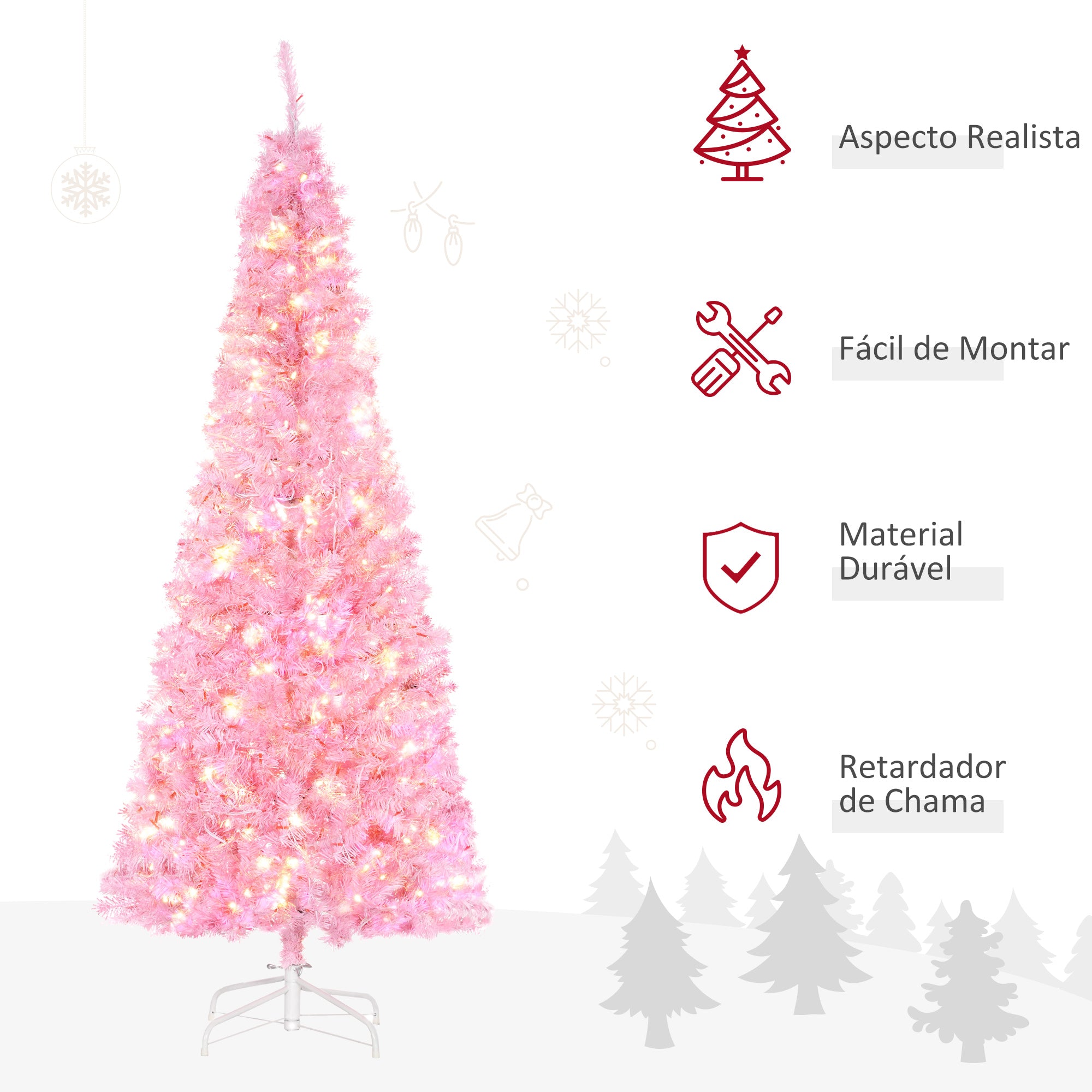 Árvore de Natal Artificial Rosa 180cm 618 Ramos 300 Luzes LED