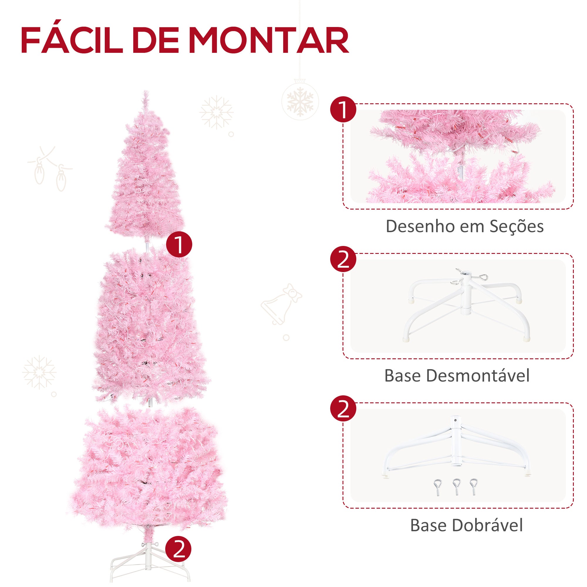 Árvore de Natal Artificial Rosa 180cm 618 Ramos 300 Luzes LED