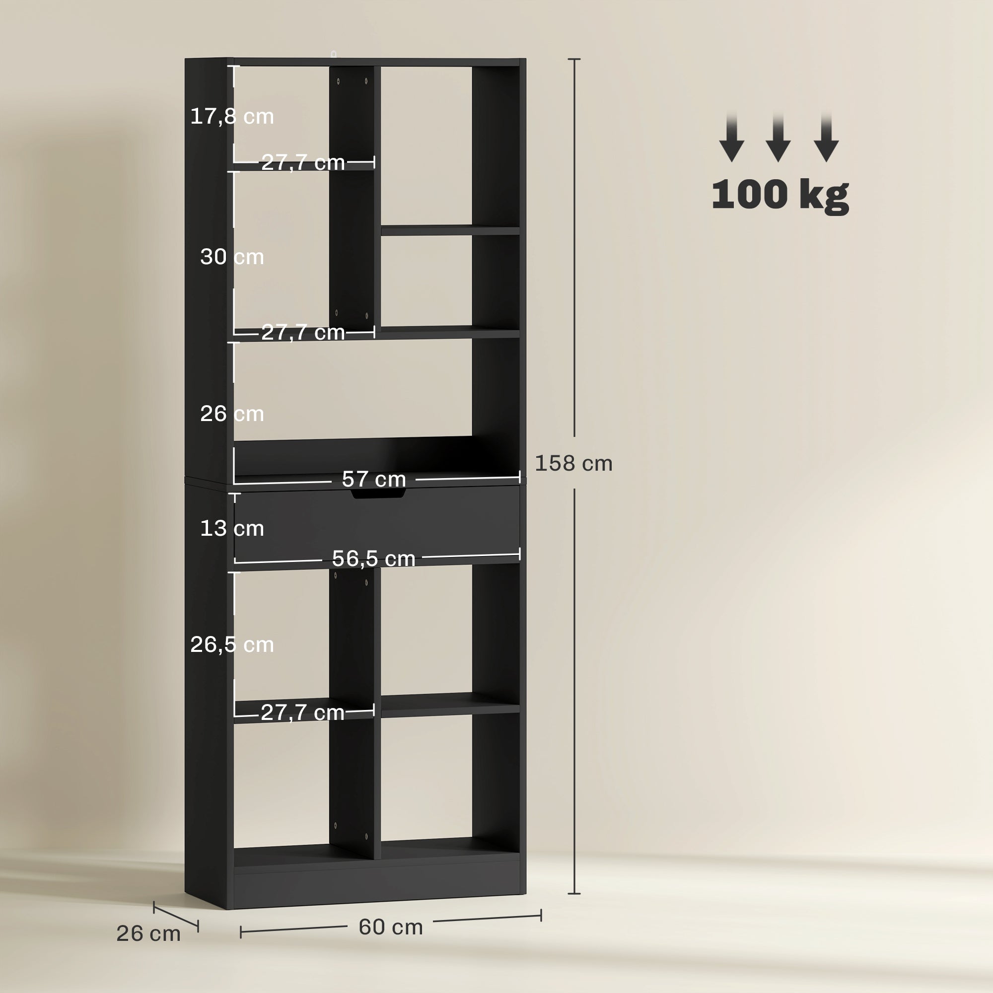 Estante de Madeira com 1 Gaveta e 9 Compartimentos de Armazenamento – 60x26x158 cm – Cor Preto – MDF