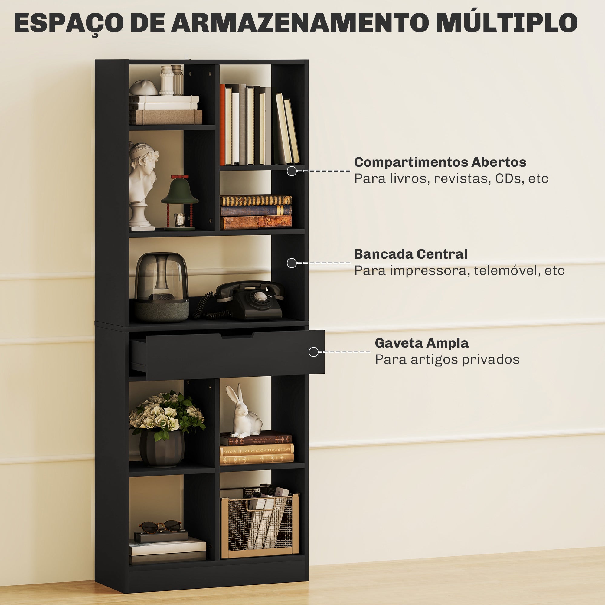 Estante de Madeira com 1 Gaveta e 9 Compartimentos de Armazenamento – 60x26x158 cm – Cor Preto – MDF