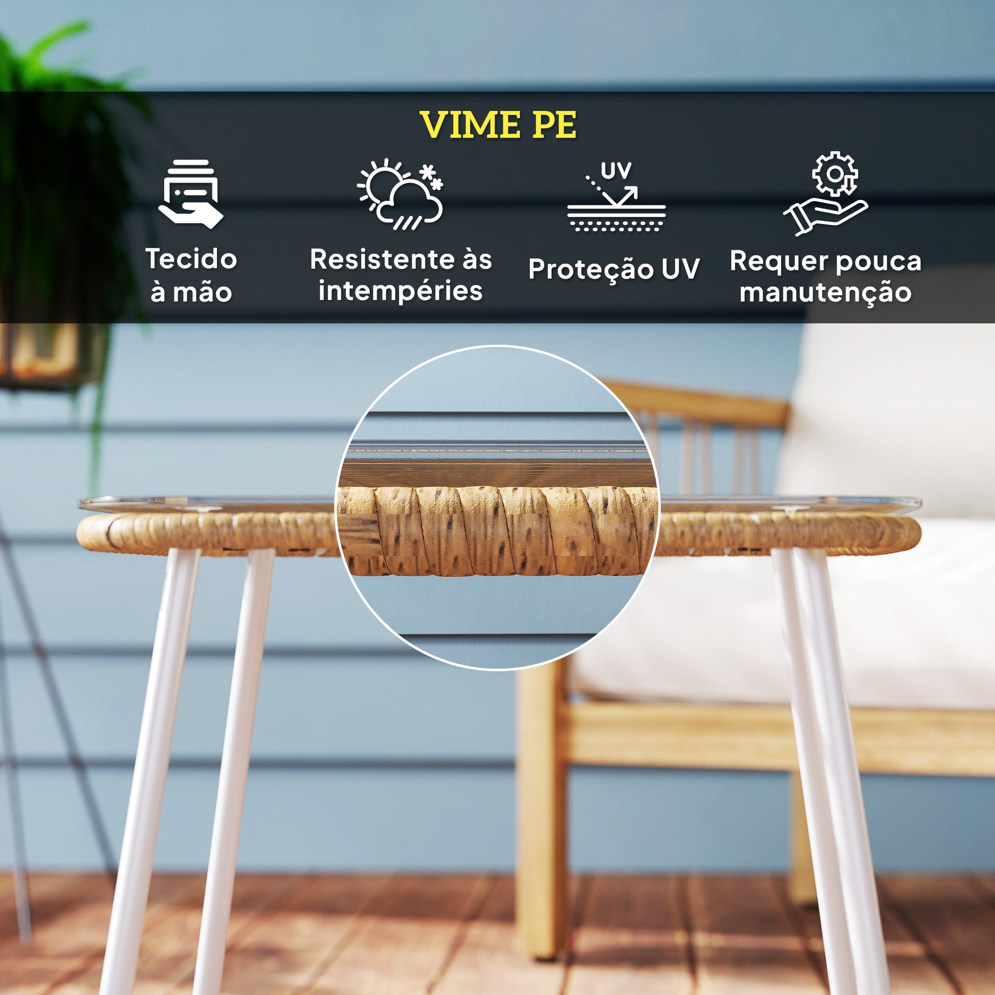 Mesa de Jardim Vime Sintético 50x50x44 cm - Madeira e Branco