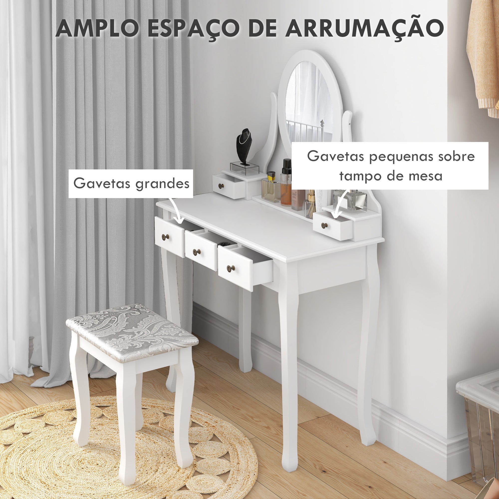 Toucador de Maquilhagem MDF e Madeira Maciça 80x40x140cm - Cor Branco