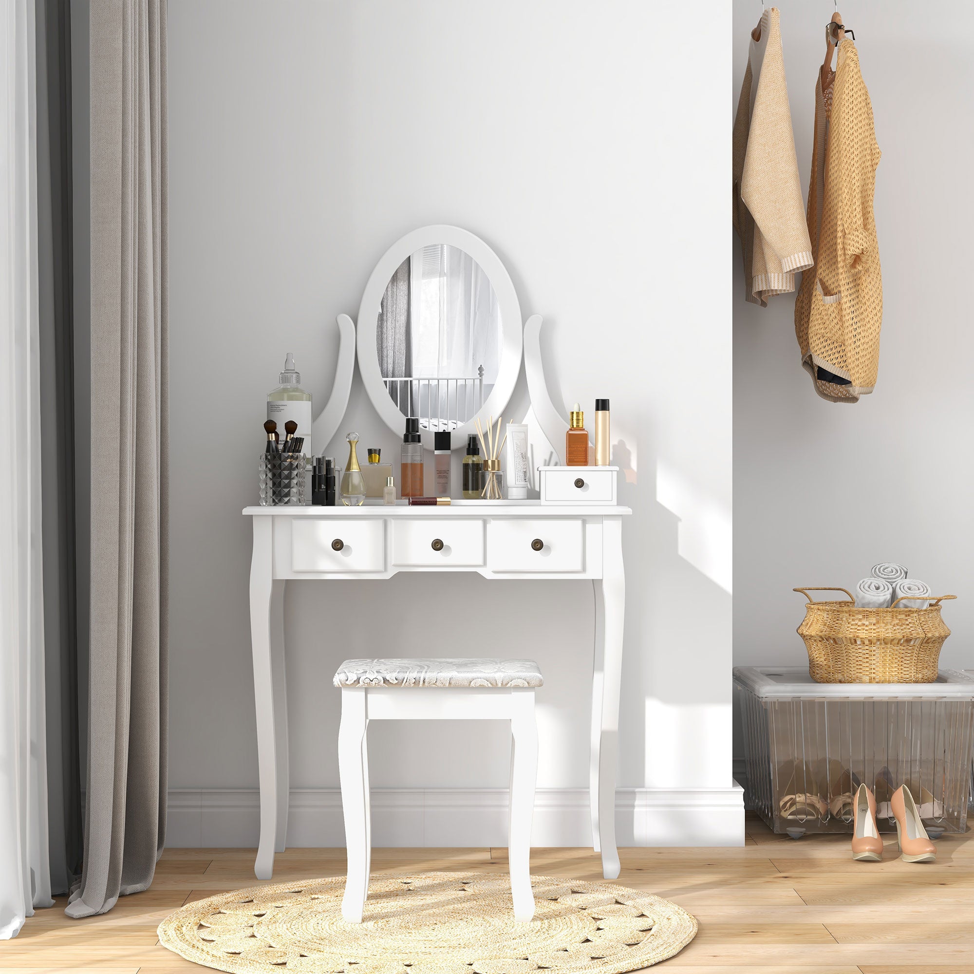 Toucador de Maquilhagem MDF e Madeira Maciça 80x40x140cm - Cor Branco