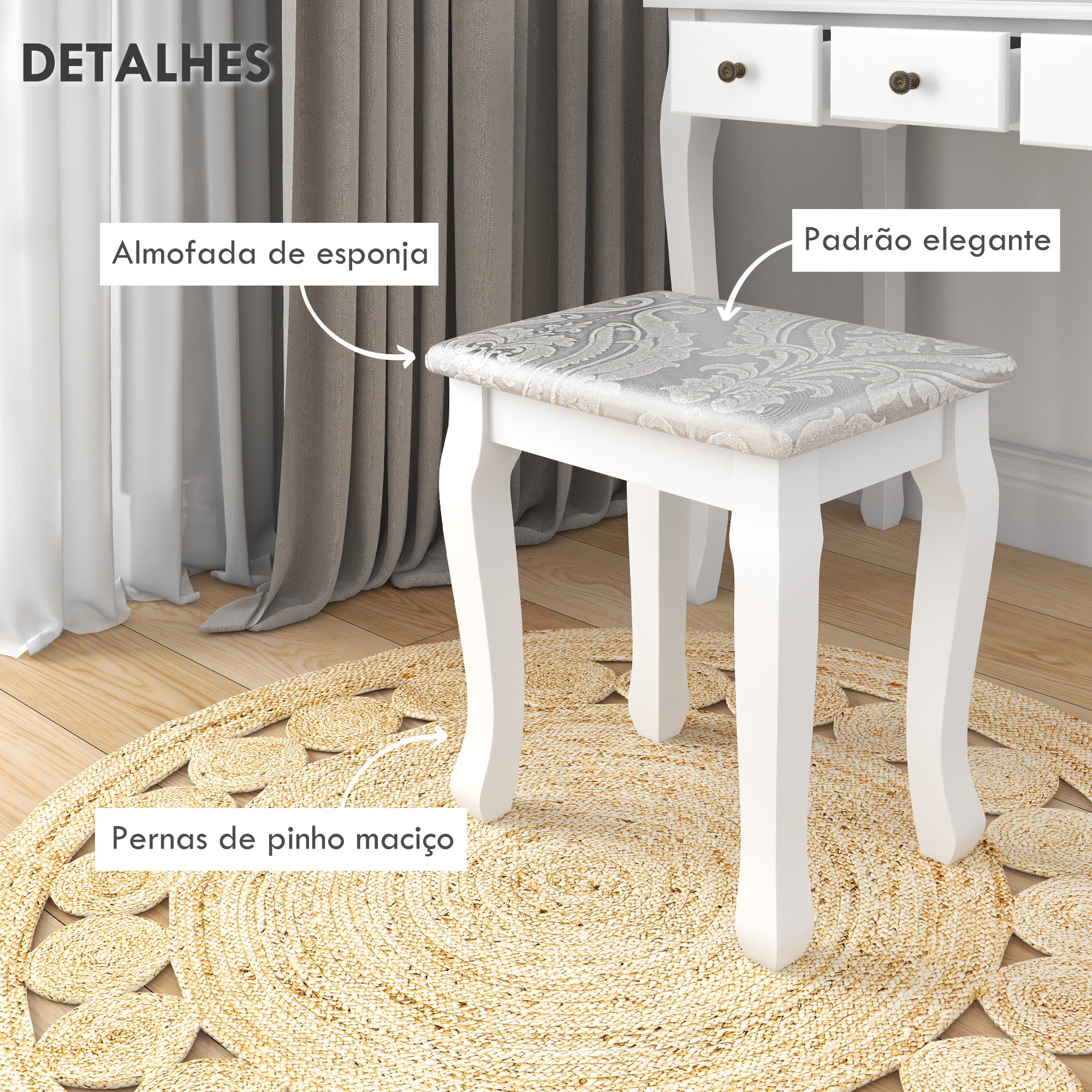 Toucador de Maquilhagem MDF e Madeira Maciça 80x40x140cm - Cor Branco