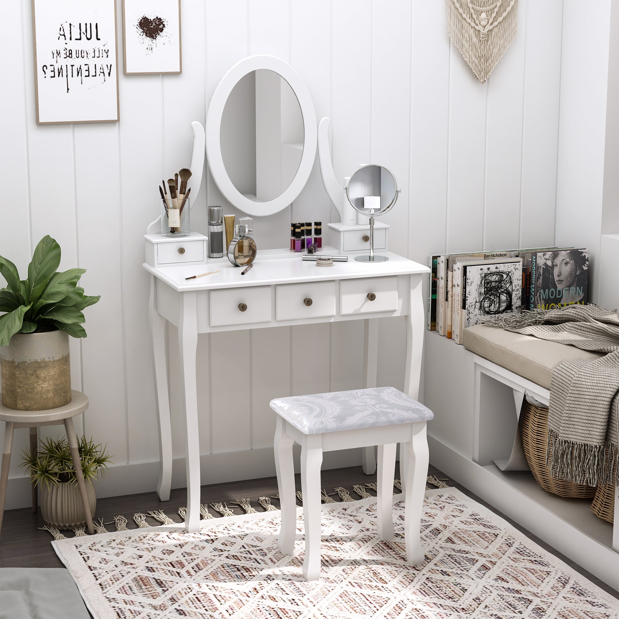 Toucador de Maquilhagem MDF e Madeira Maciça 80x40x140cm - Cor Branco